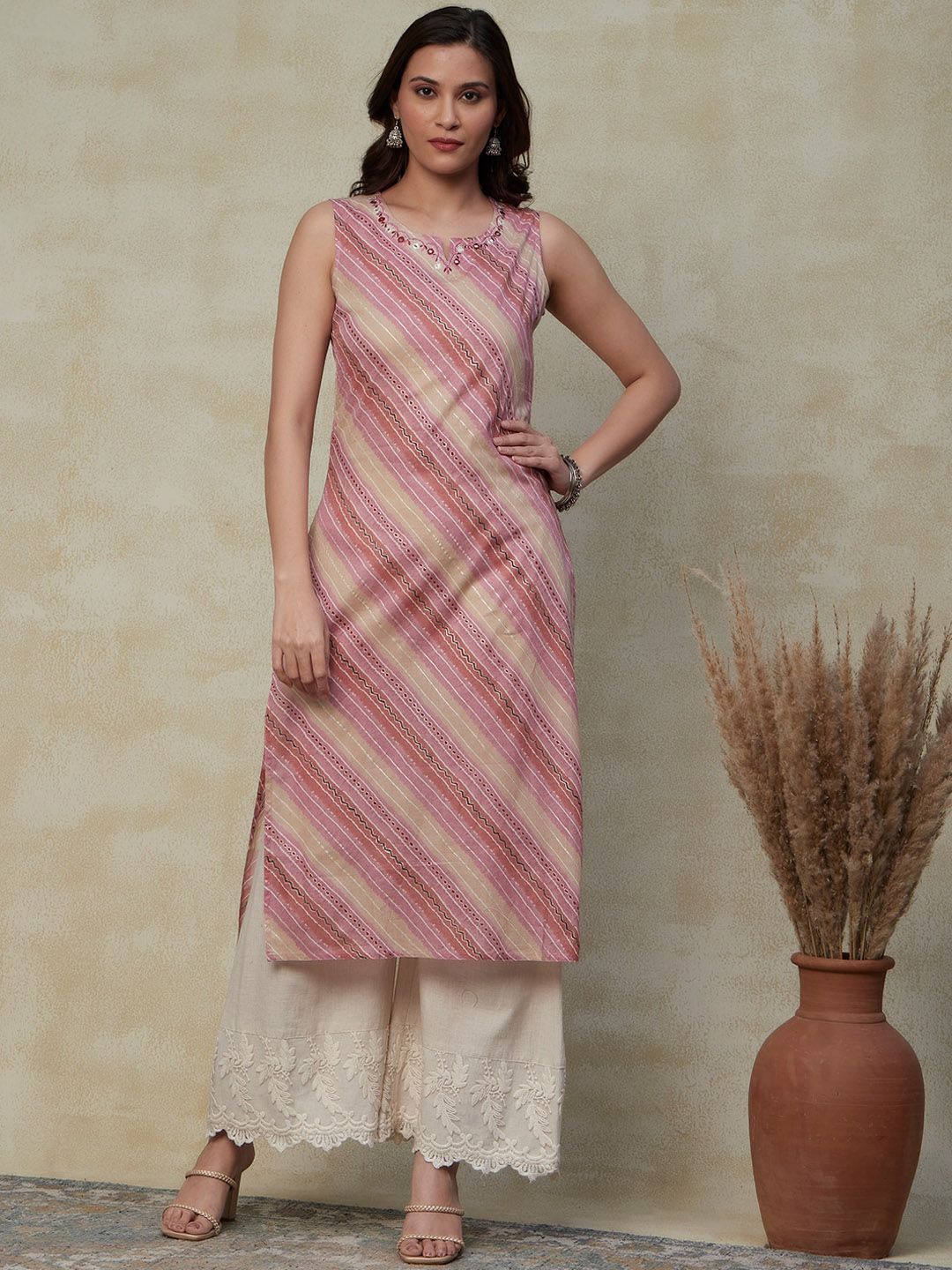 FASHOR Taupe & Pink Striped Sleeveless Pure Cotton Kurta Price in India