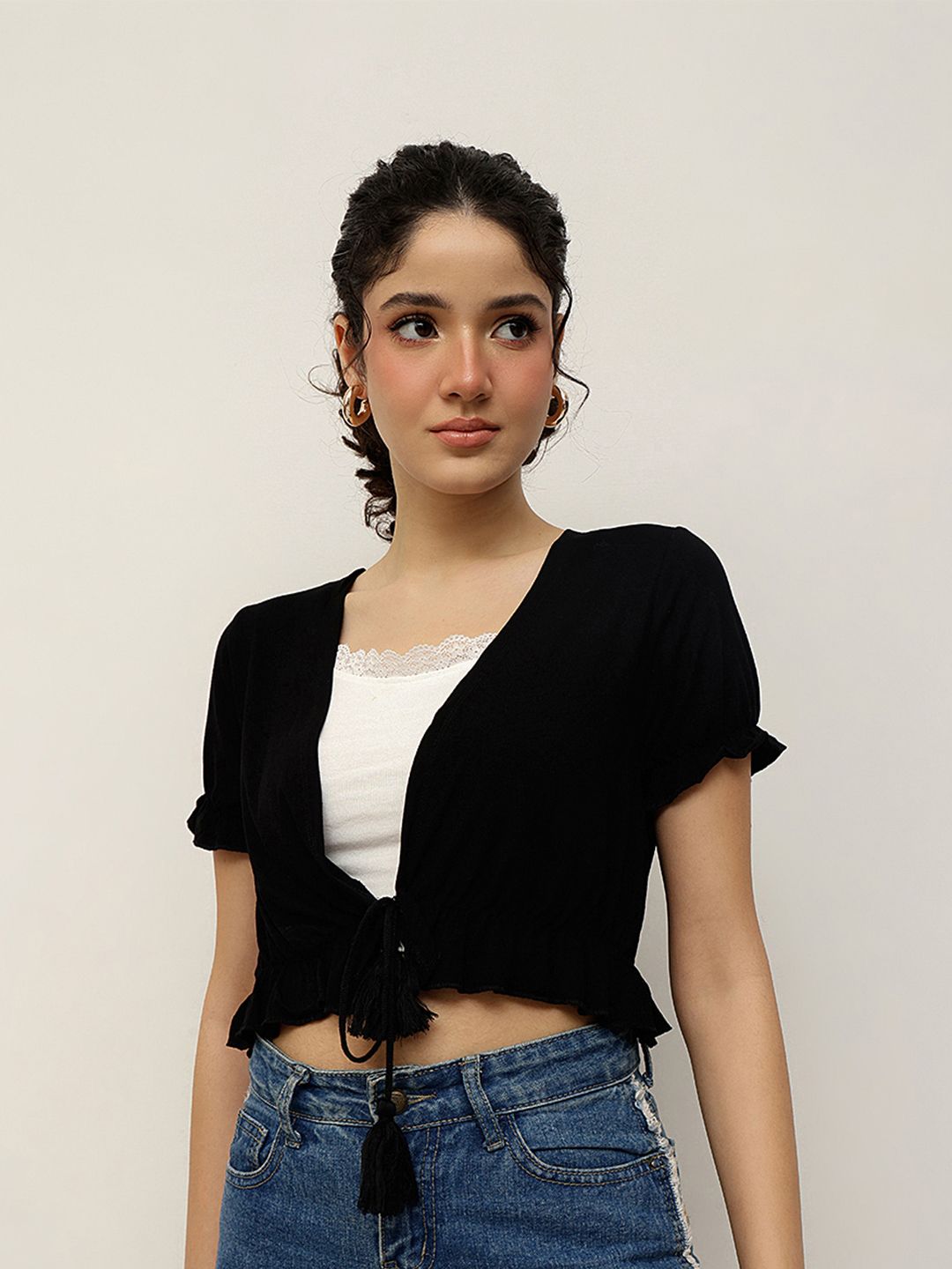 Espresso Gathered Sleeves Front Tie Up Crop Shrug