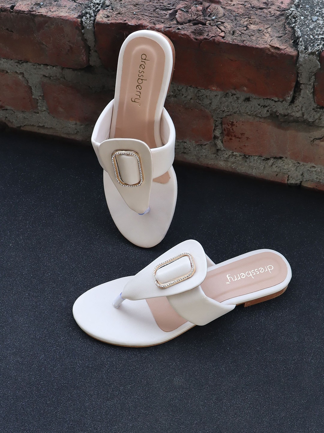 DressBerry White Embellished T-Strap Flats Price in India