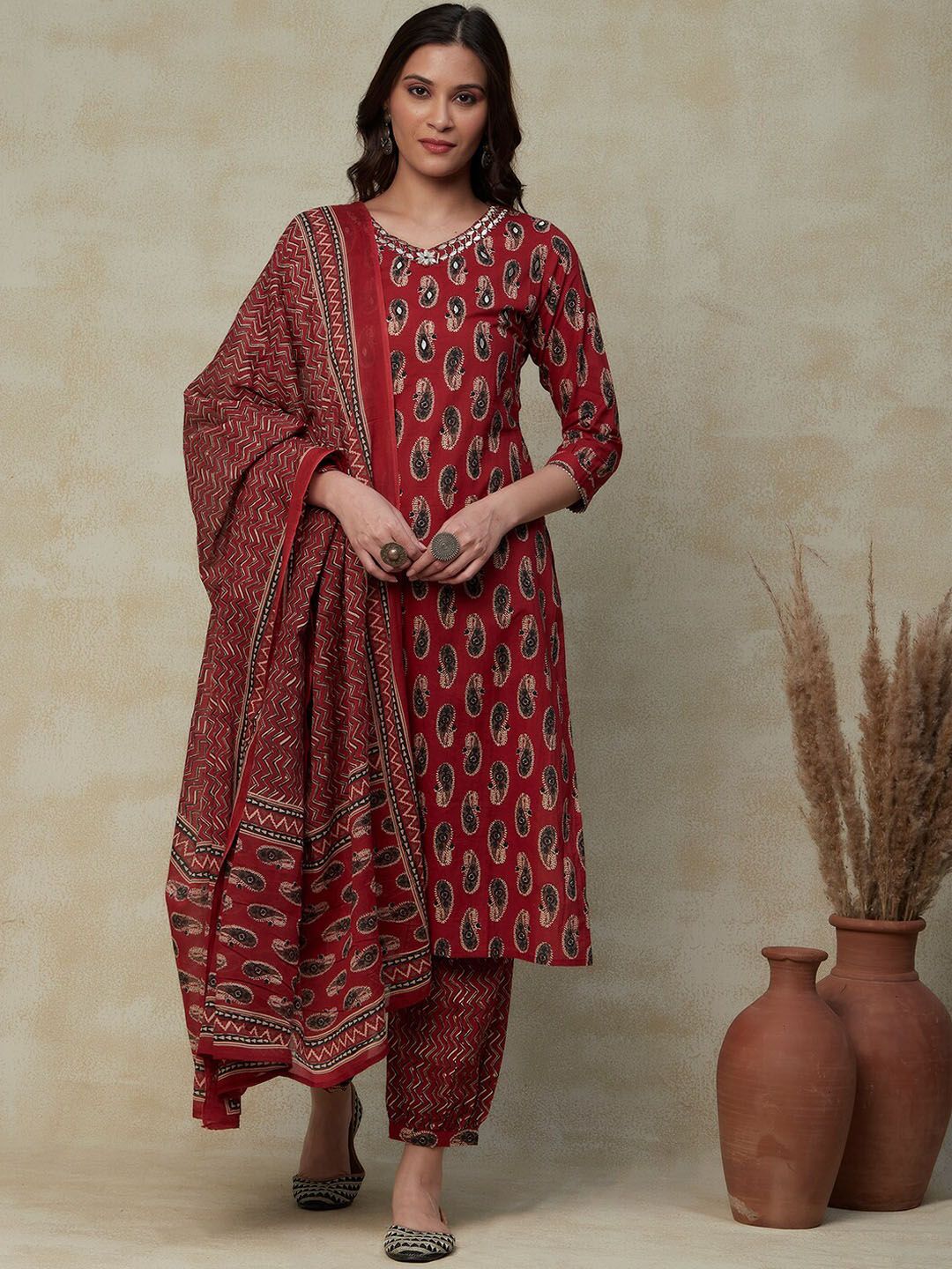 FASHOR Maroon Paisley Printed Pure Cotton Kurta with Salwar & With Dupatta Price in India