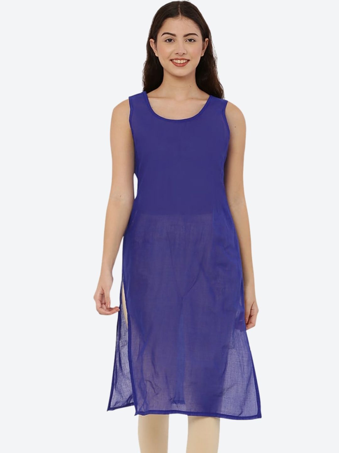 FAWOMENT Women Round Neck Sleeveless Semi Sheer Side Slit Long line Cotton Camisole