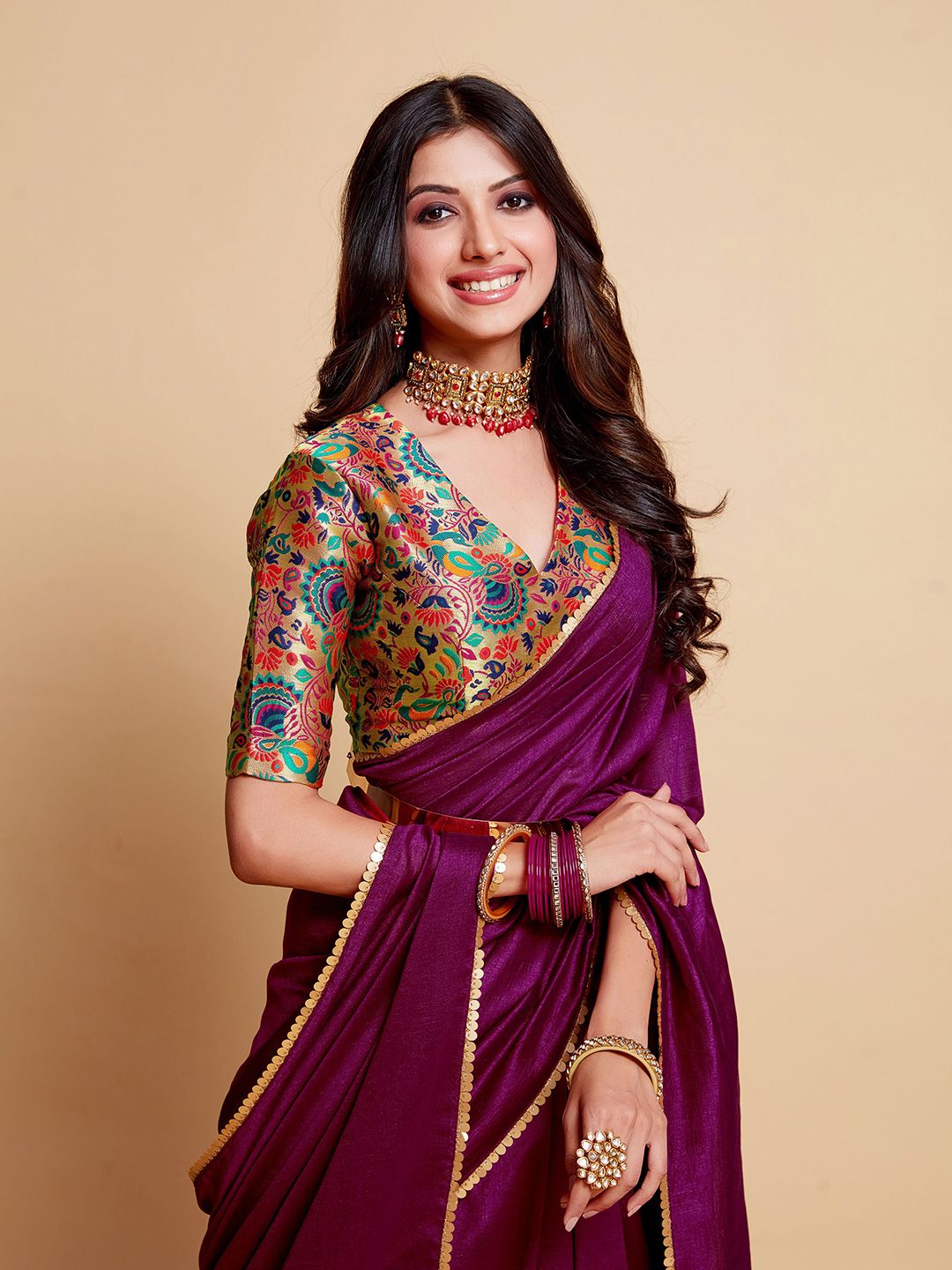 Sangria Magenta Gotta Patti Detailed Saree Price in India