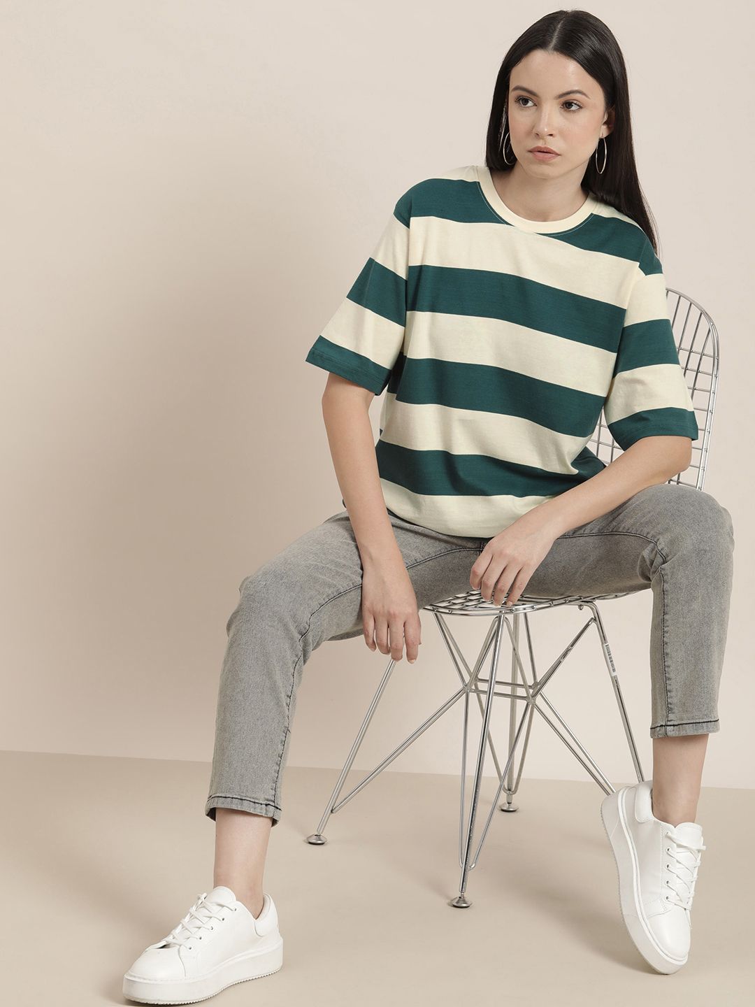 Difference of Opinion Women Striped Loose T-shirt Price in India
