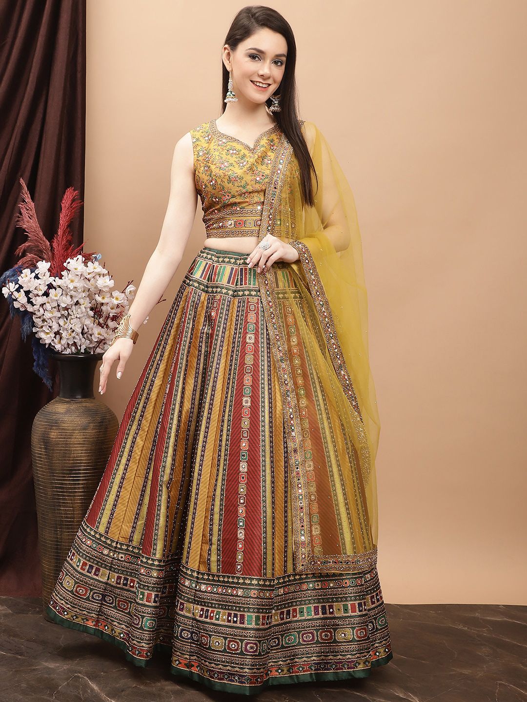 Grancy Ethnic Motifs Printed Mirror Work Ready to Wear Lehenga & Blouse With Dupatta Price in India