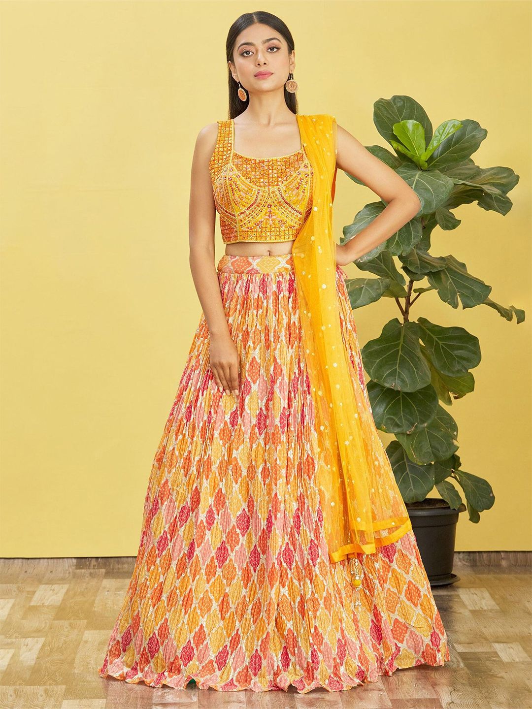 FABPIXEL Yellow & Red Embroidered Sequinned Semi-Stitched Lehenga & Unstitched Blouse With Dupatta Price in India