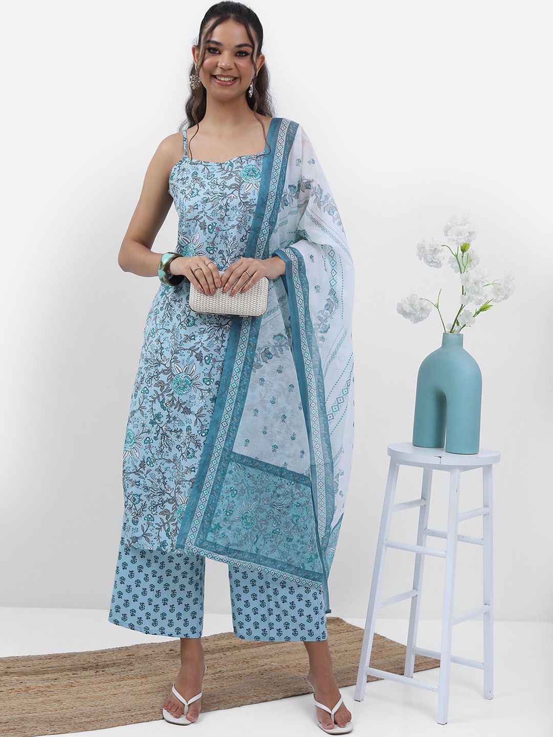 KETCH Turquoise Blue & Grey Ethnic Printed Kurta with Palazzos & With Dupatta Price in India