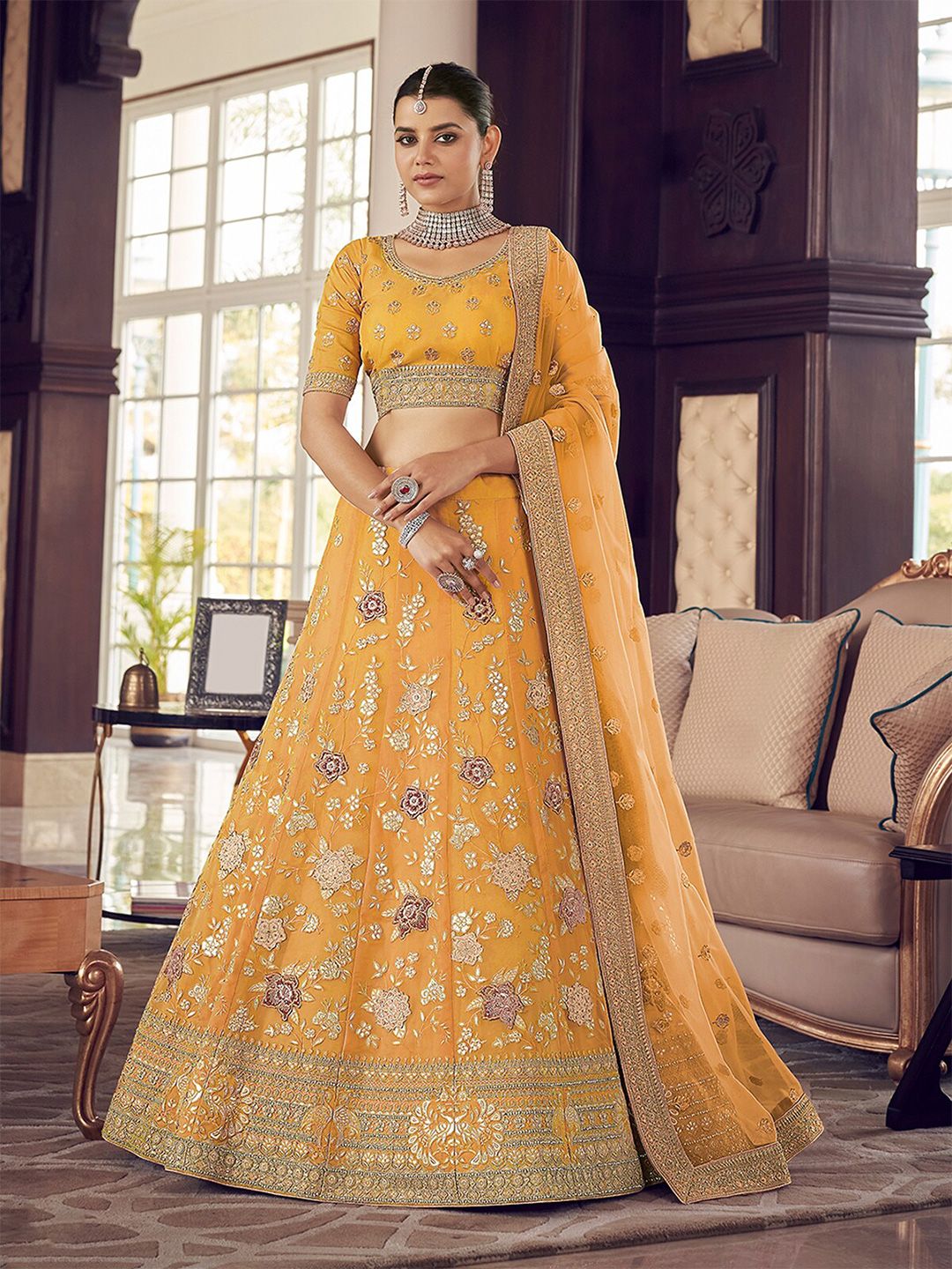 ODETTE Embroidered Thread Work Semi-Stitched Lehenga & Unstitched Blouse With Dupatta Price in India