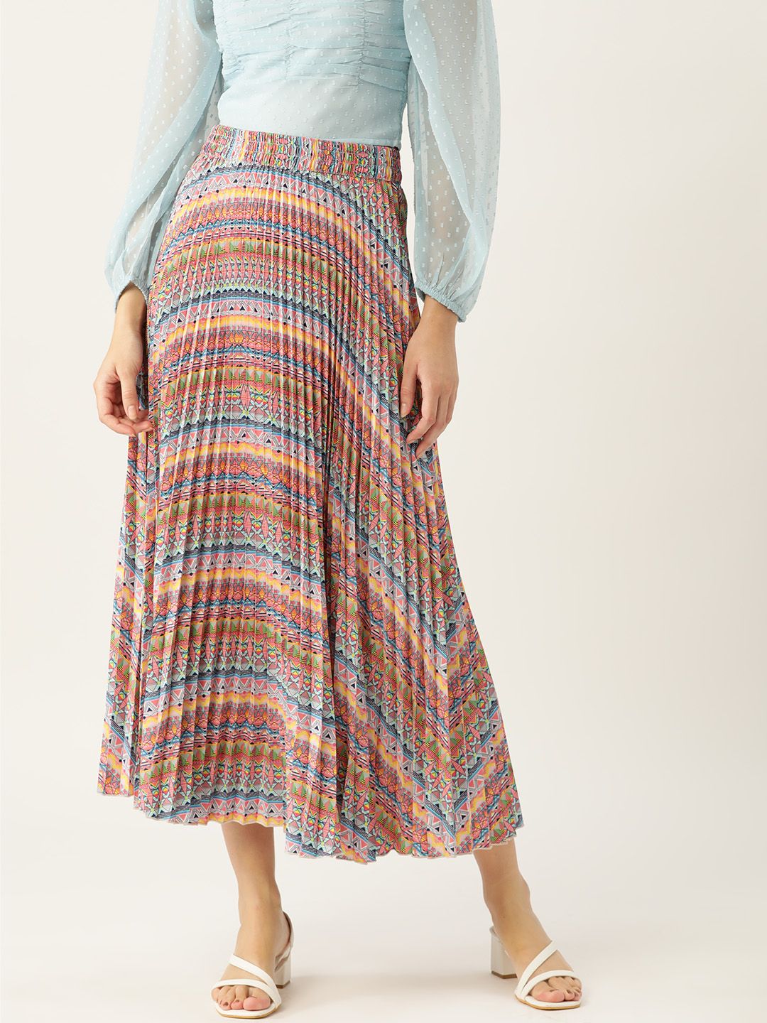 WISSTLER Printed Pleated Flared Midi Skirt Price in India