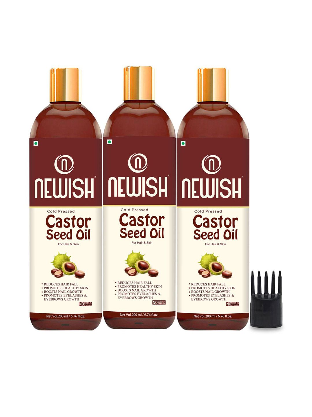 NEWISH Set of 3 Cold Pressed Caster Seed Oil For Hair Fall Control & Growth - 200 ml Each
