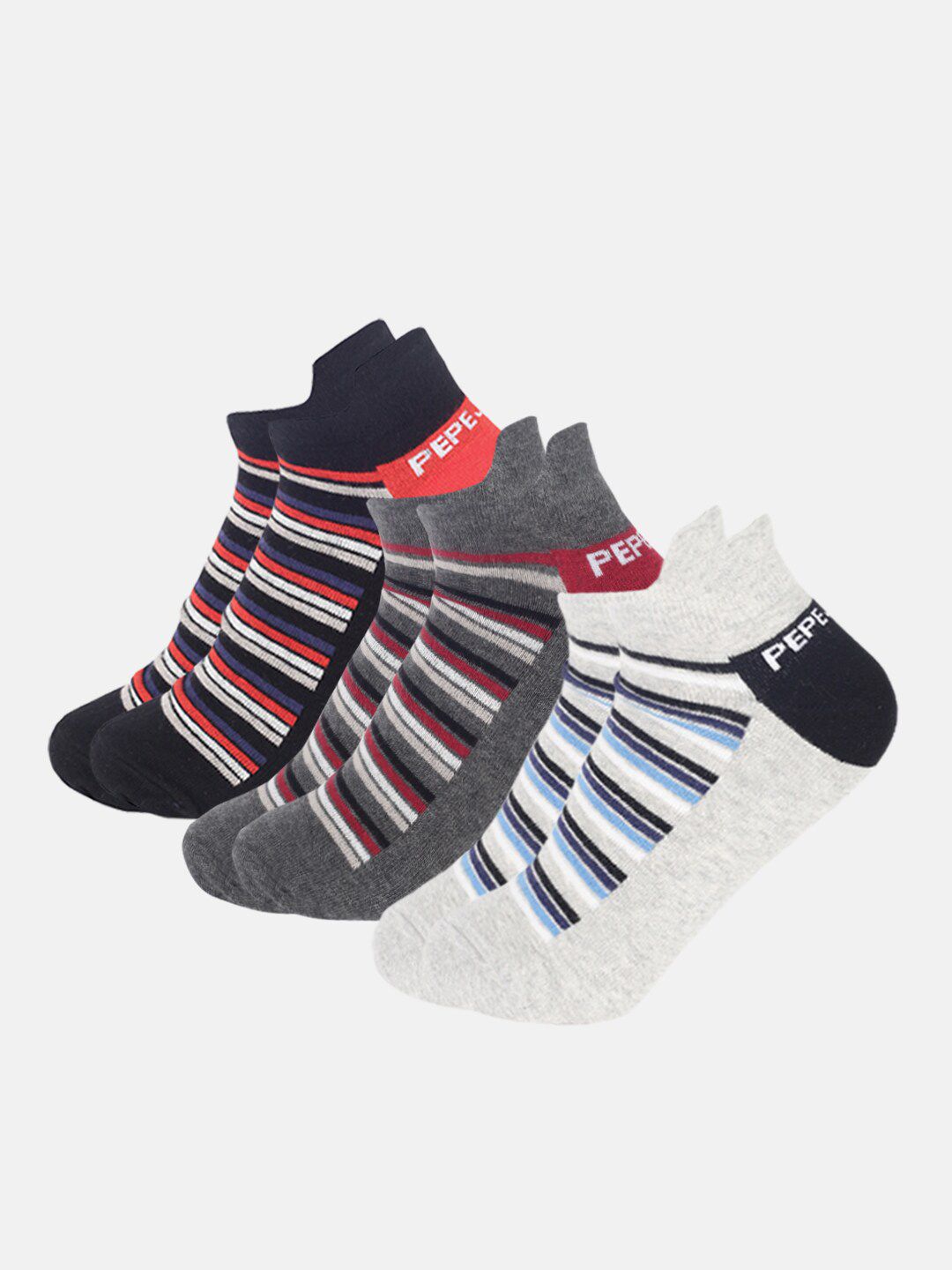 Pepe Jeans Men Pack Of 3 Striped Softness Cotton Ankle Length Socks