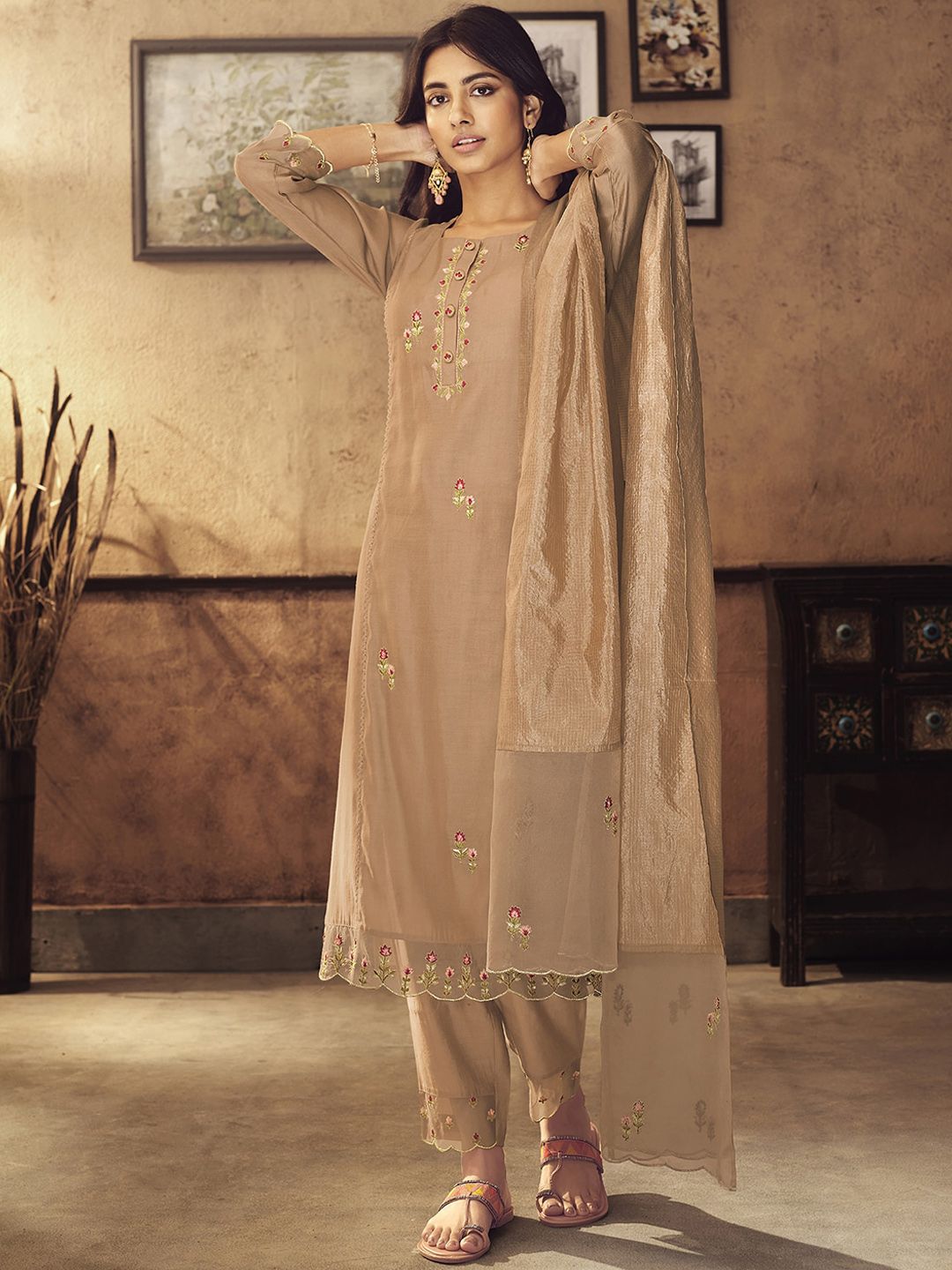 Indo Era  Floral Embroidered Panelled Thread Work Kurta with Trousers & Dupatta Price in India