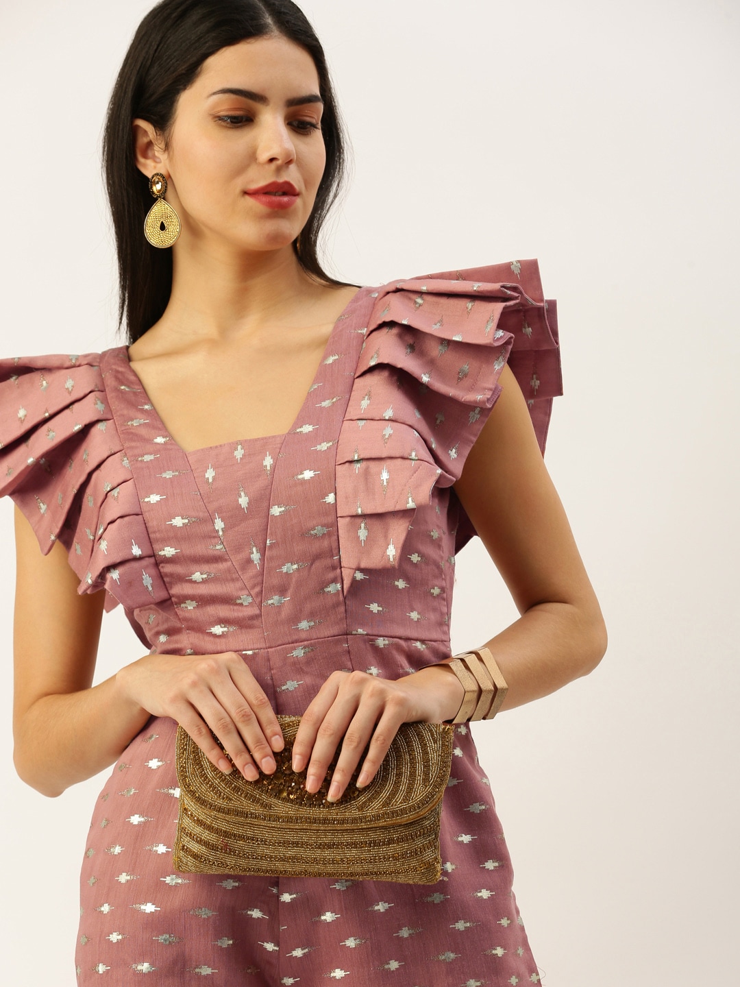 Ethnovog Foil Printed Flutter Sleeves Culotte Ethnic Jumpsuit Price in India