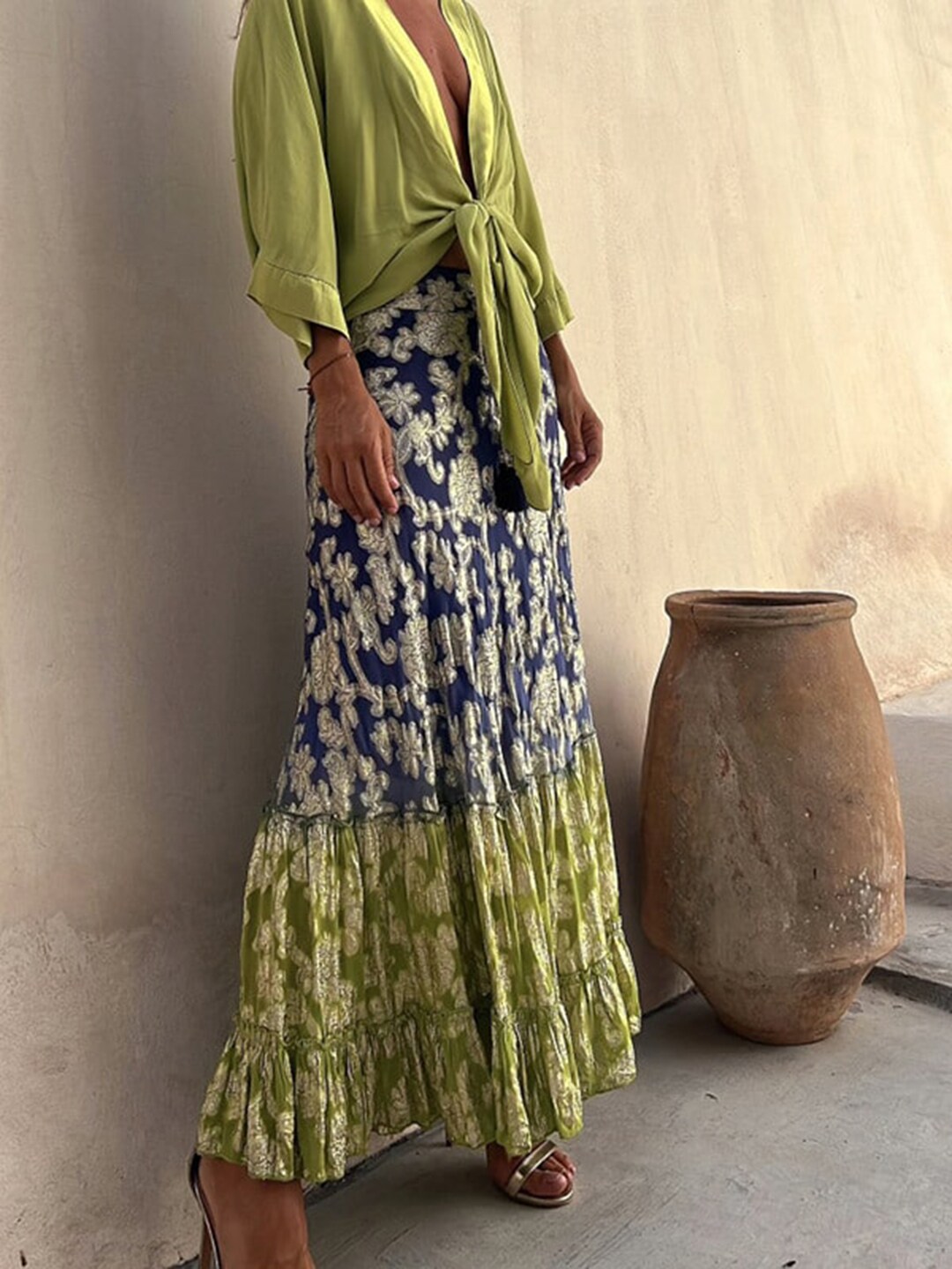 BoStreet Green & Blue Floral Printed Tiered Maxi Skirt Price in India