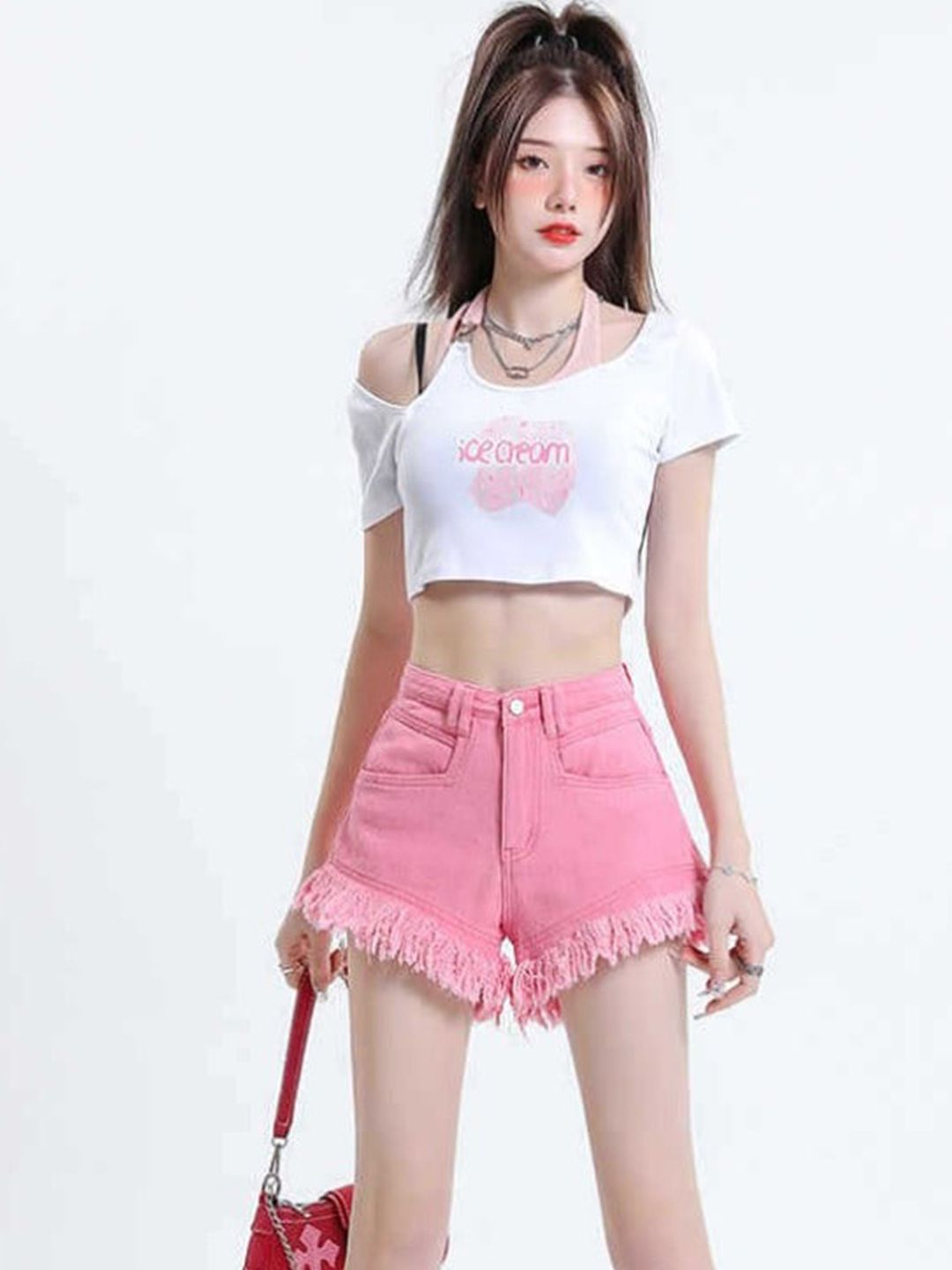 BoStreet Women Pink Mid-Rise Slim Fit Distressed Denim Shorts Price in India