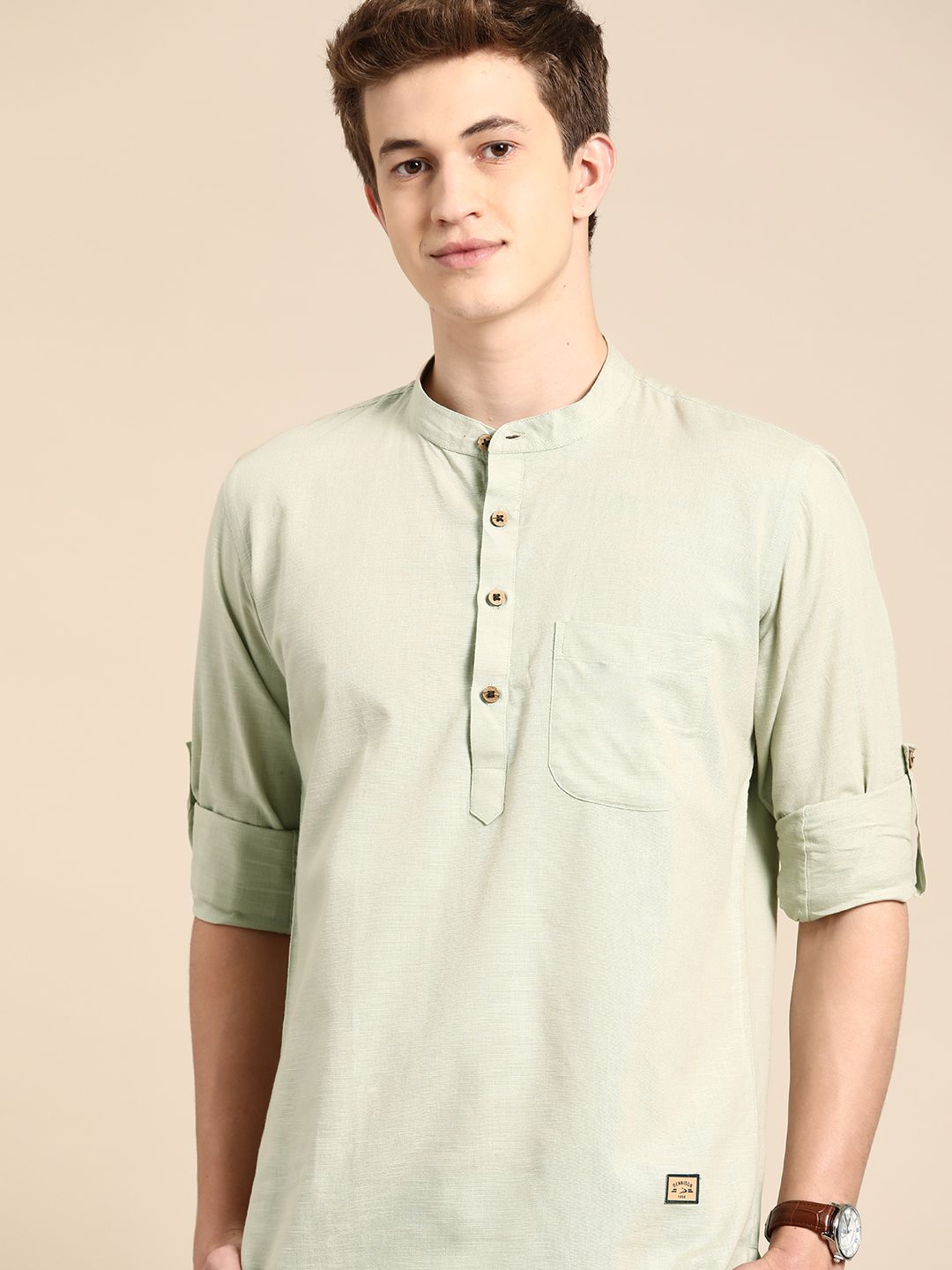 DENNISON Men Mandarin Collar Roll-Up Sleeves Kurta