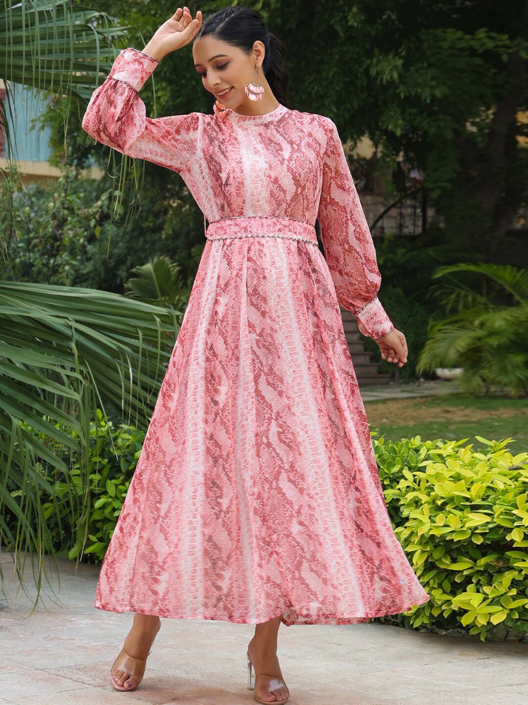 Juniper Peach Abstract Printed High Neck Cuffed Sleeves Belted Ethnic Dress
