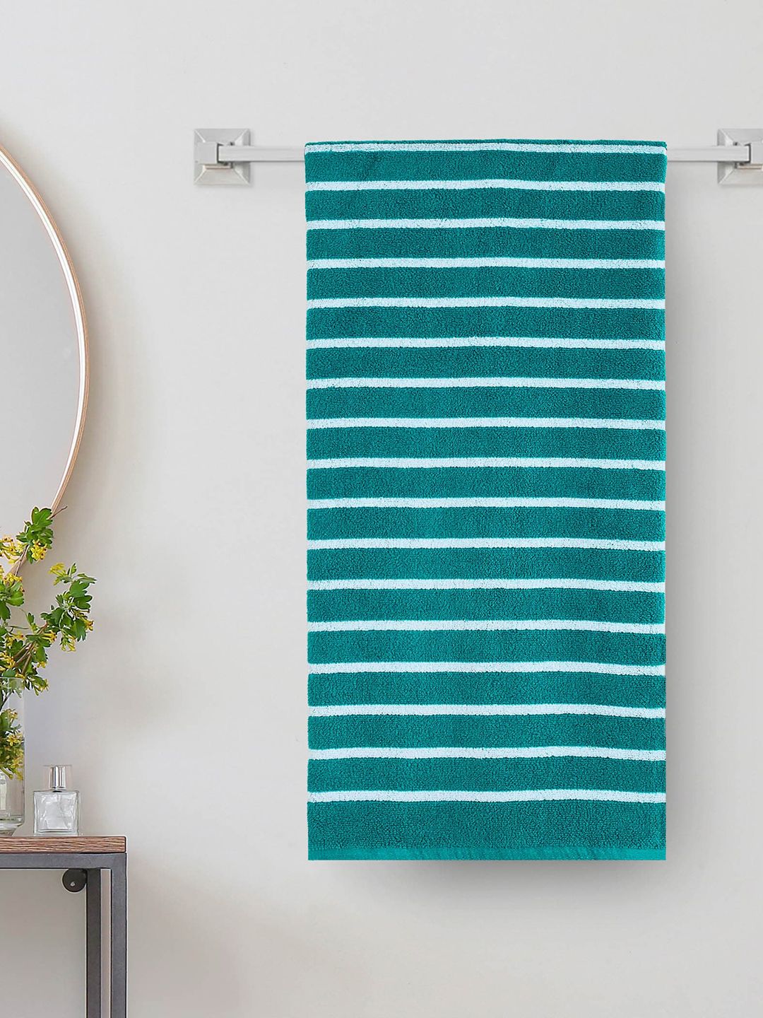 Home Centre Refresh Essence White & Teal Striped 500 GSM Cotton Bath Towels