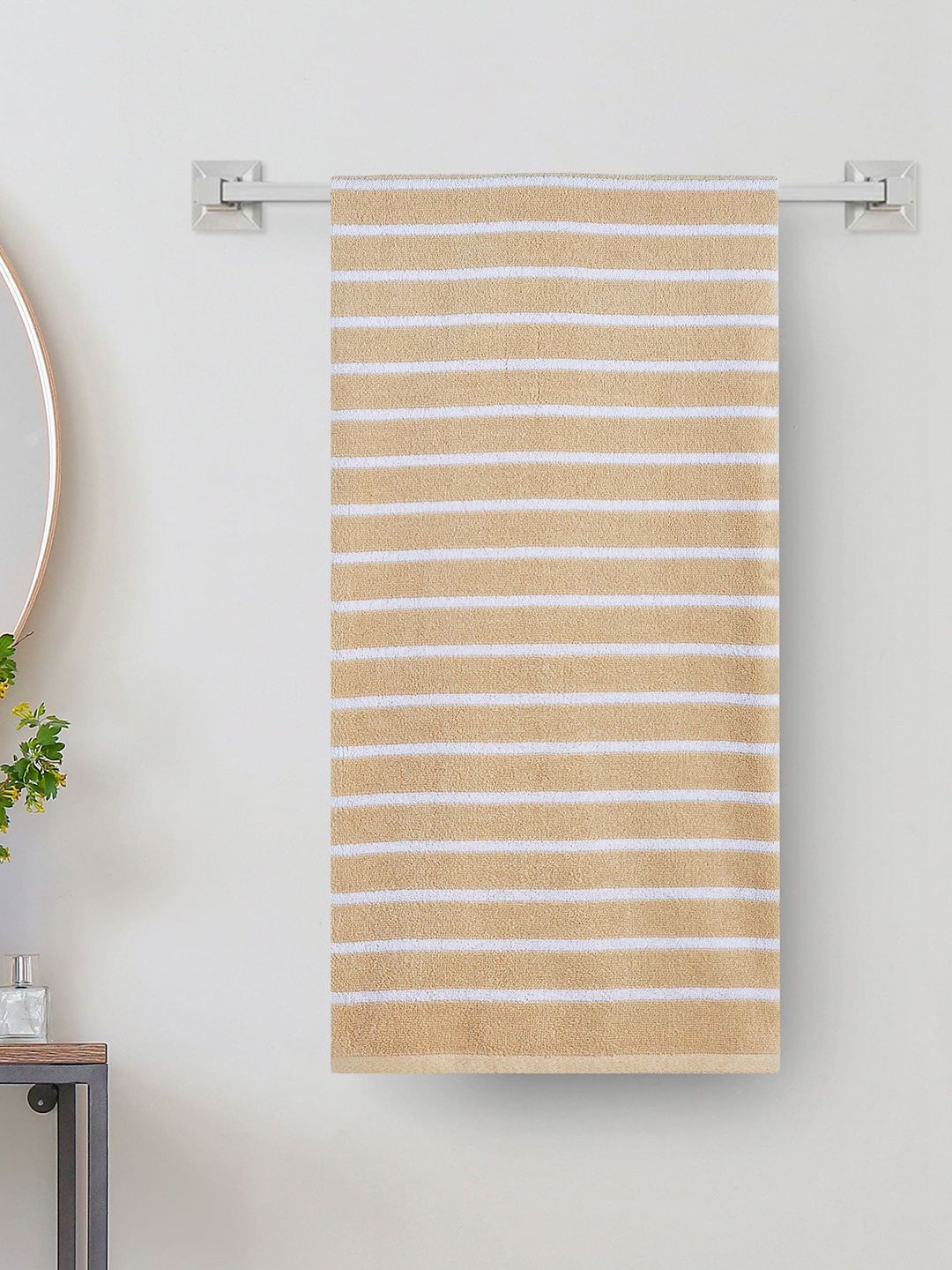 Home Centre Color Refresh Essence Beige & White Striped 500 GSM Cotton Bath Towel
