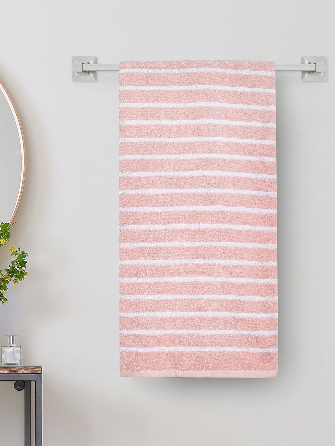 Home Centre Colour Refresh Essence Peach-Colored & White Striped 225 GSM Cotton Bath Towel