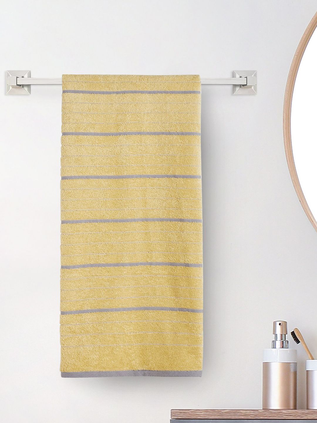 Home Centre Mekong Yellow  & Grey Striped 500 GSM Cotton Bath Towel