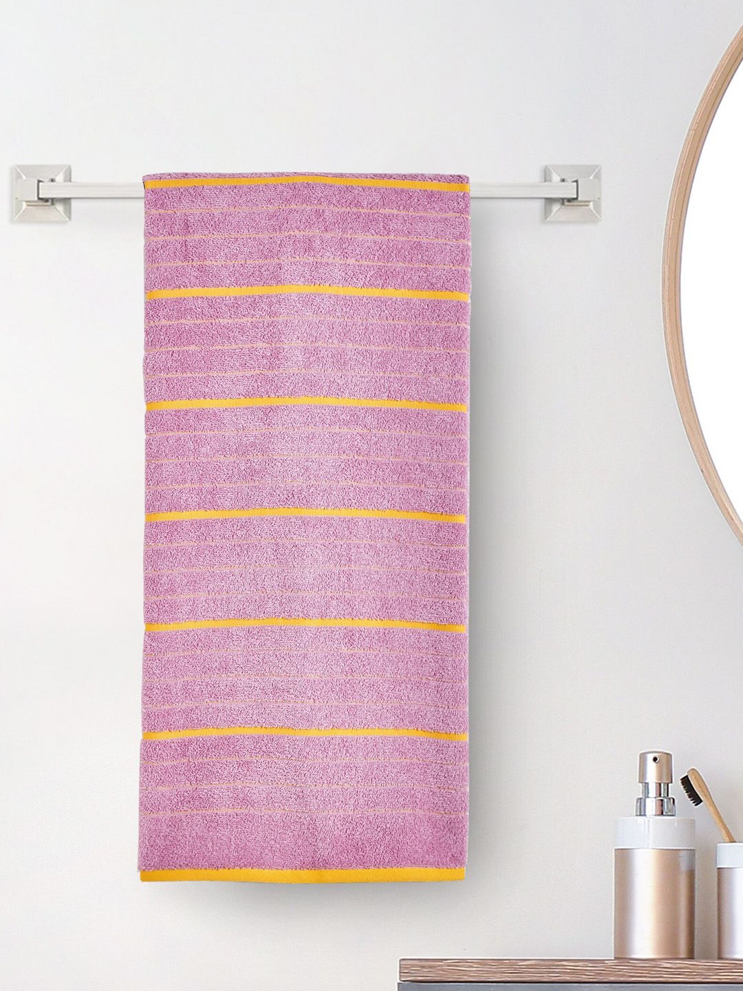 Home Centre Mekong Pink & Yellow Striped 500 GSM Cotton Bath Towel