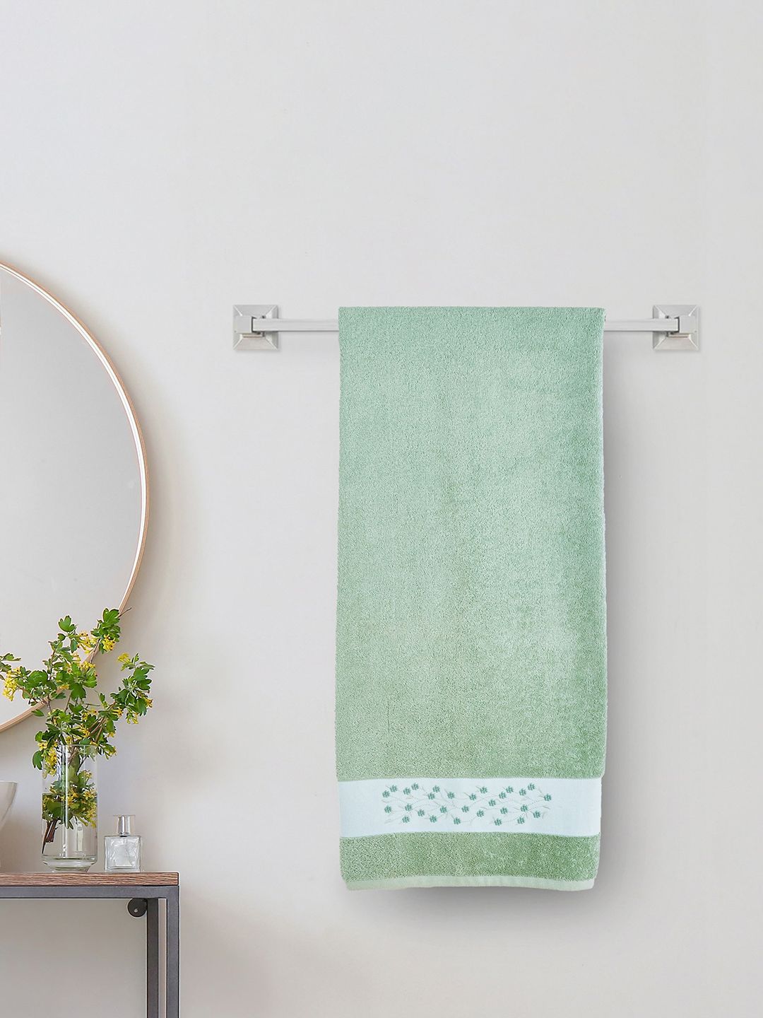 Home Centre Colour Refresh Essence Green & White Embroidered 500 GSM Cotton Bath Towel
