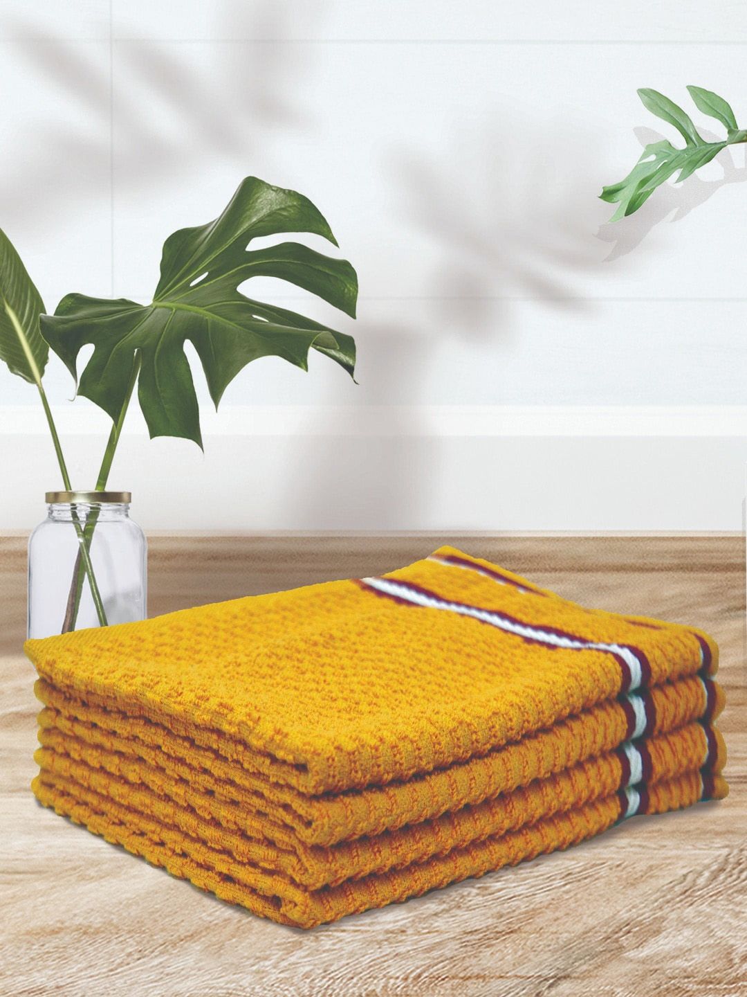 Athom Trendz Yellow 4 Pieces Textured Cotton Hand Towels