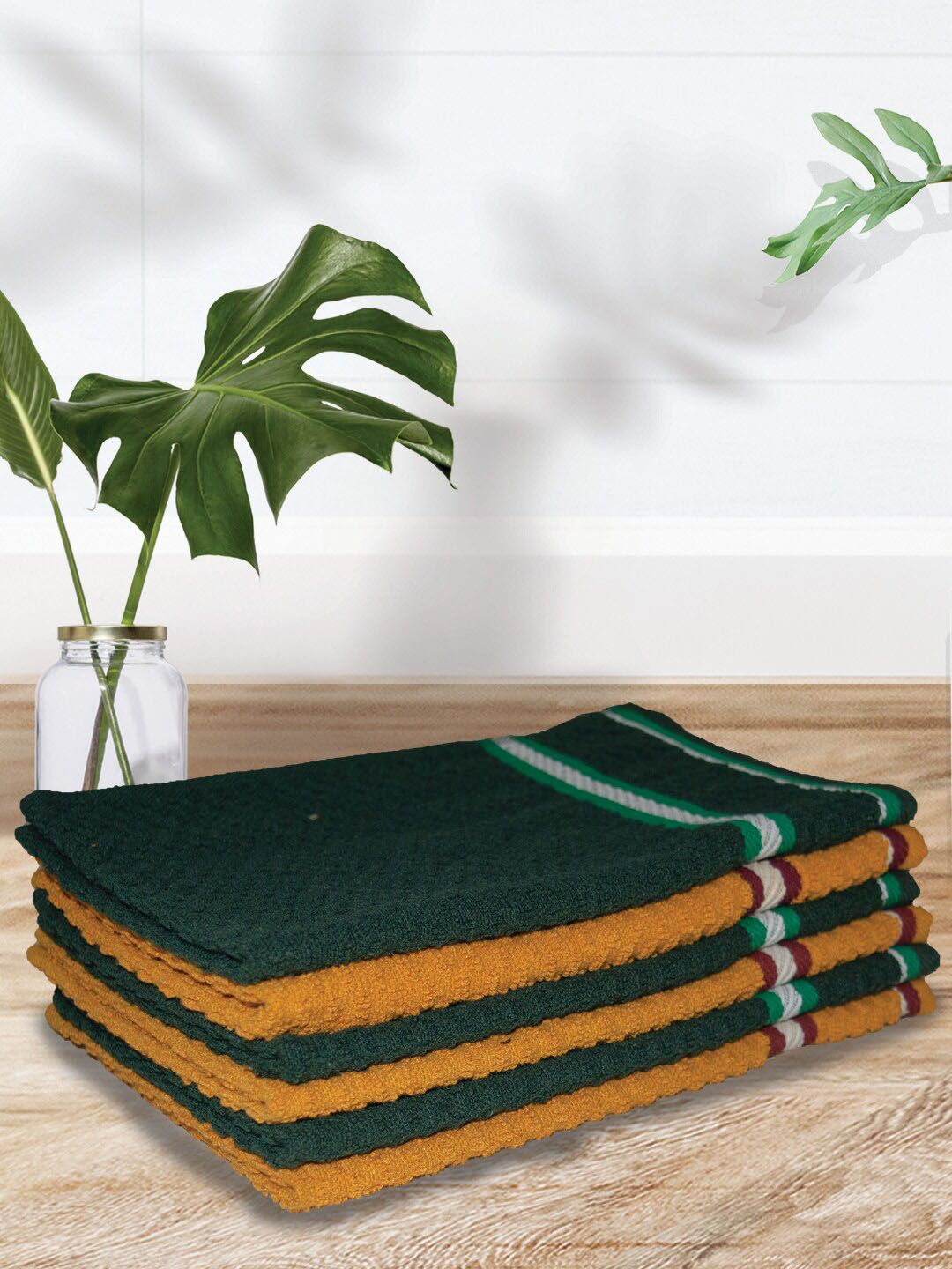 Athom Trendz Green & Mustard Yellow 6 Pieces Popcorn Textured Pure Cotton Hand Towels