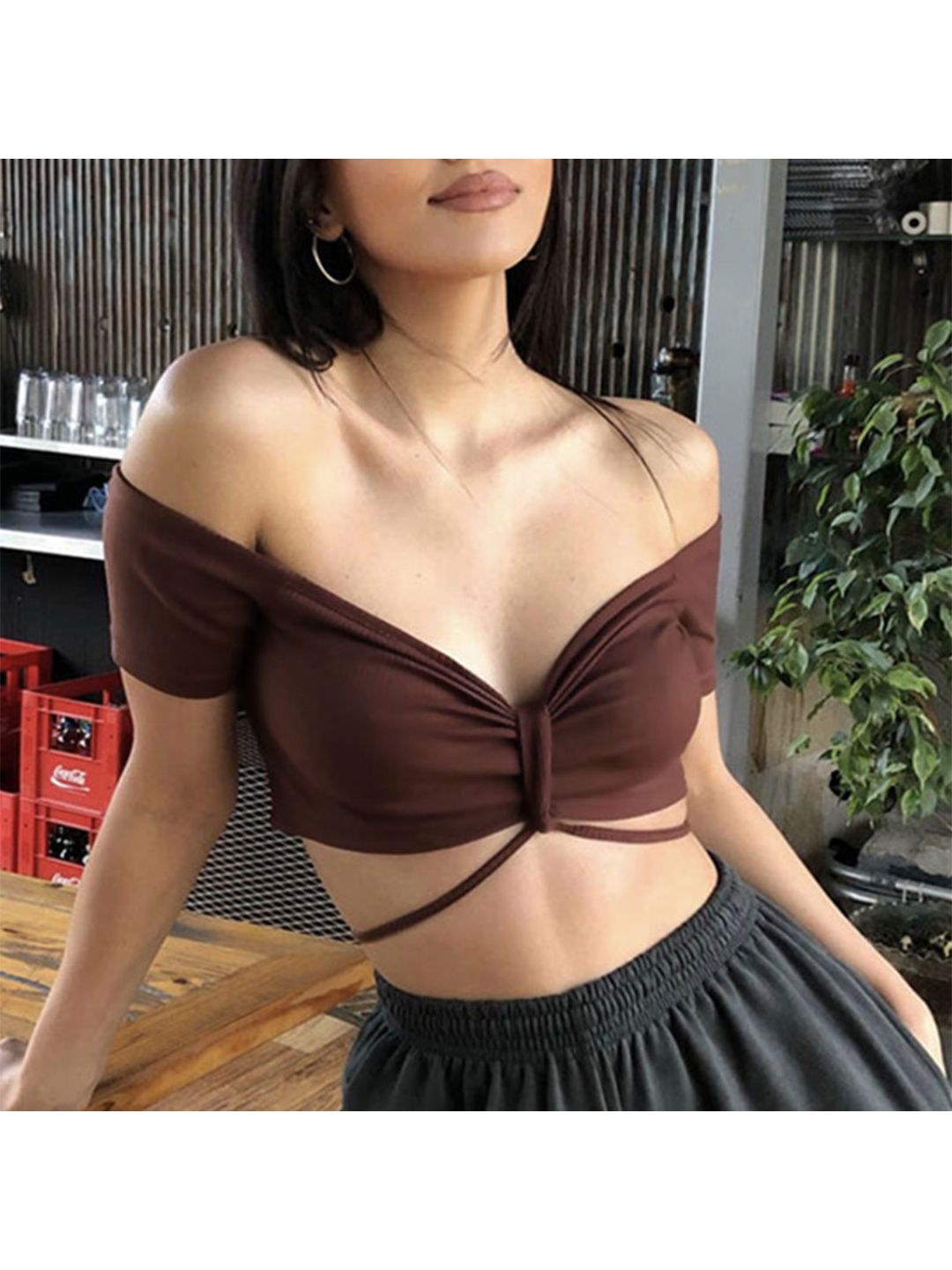 BoStreet Brown Off Shoulder Fitted Crop Top Price in India