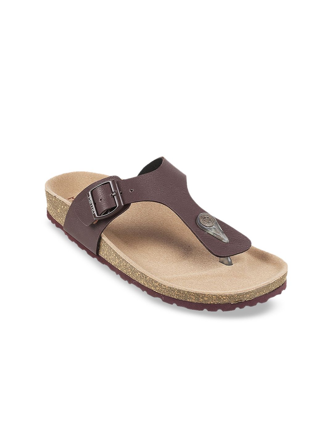 Metro Metro Womens Brown Open Toe T-Strap Flats with Buckle