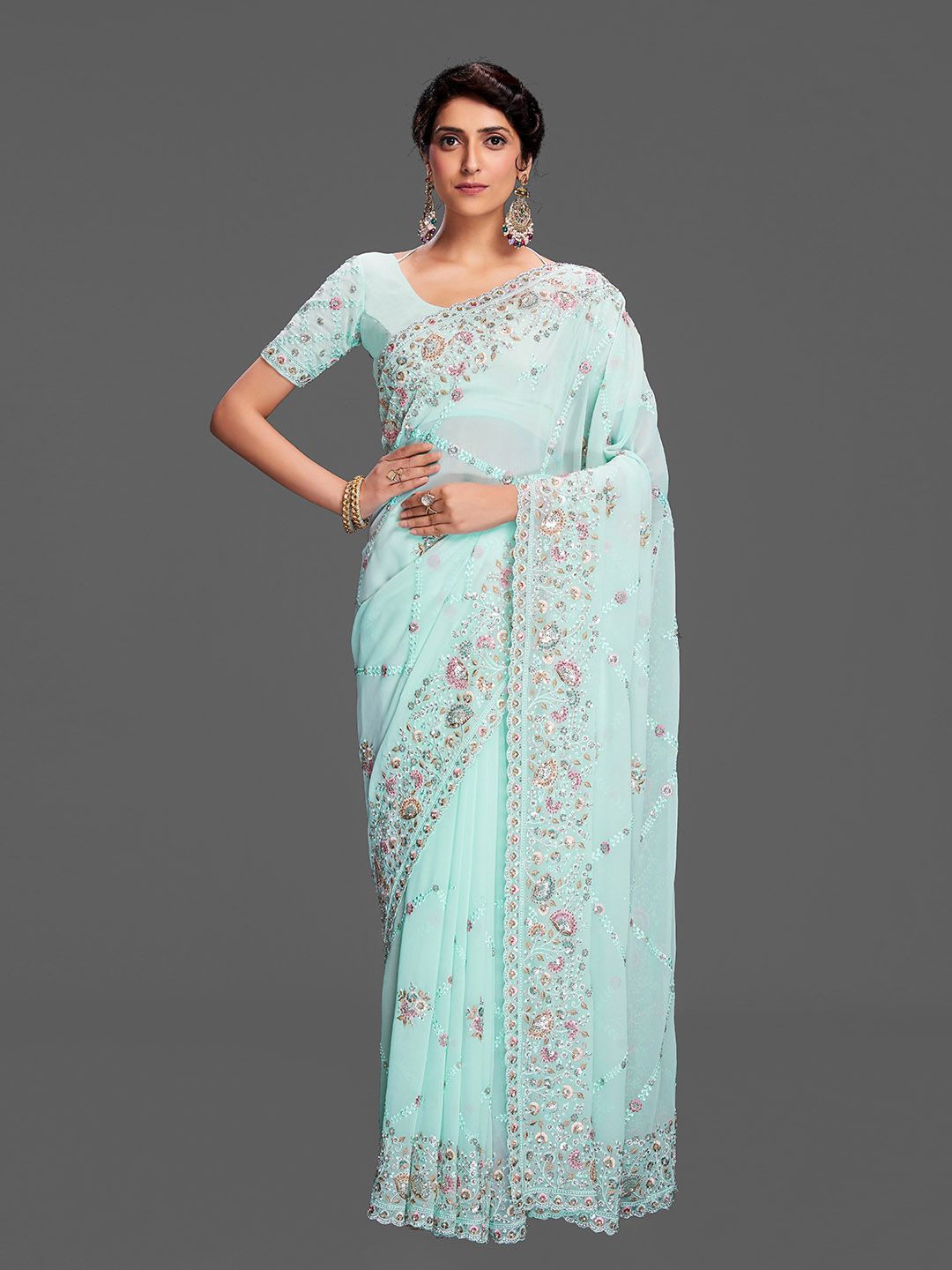Fusionic Blue & Pink Floral Embroidered Pure Georgette Saree Price in India