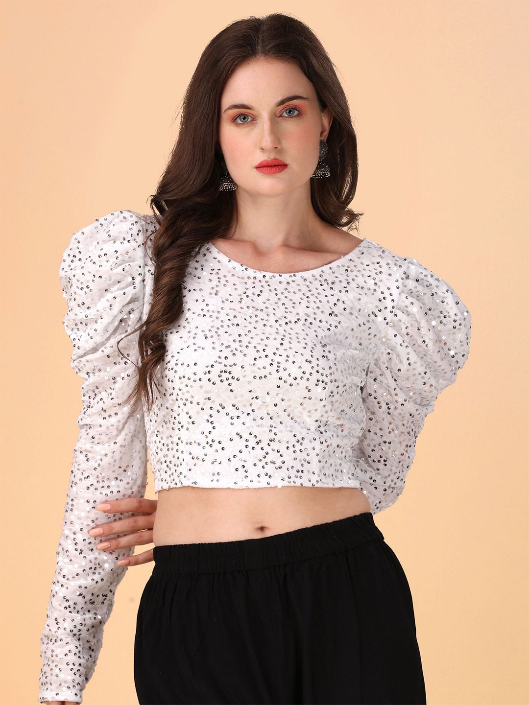 DL Fashion White Embellished Puff Sleeve Indigo Crop Top Price in India