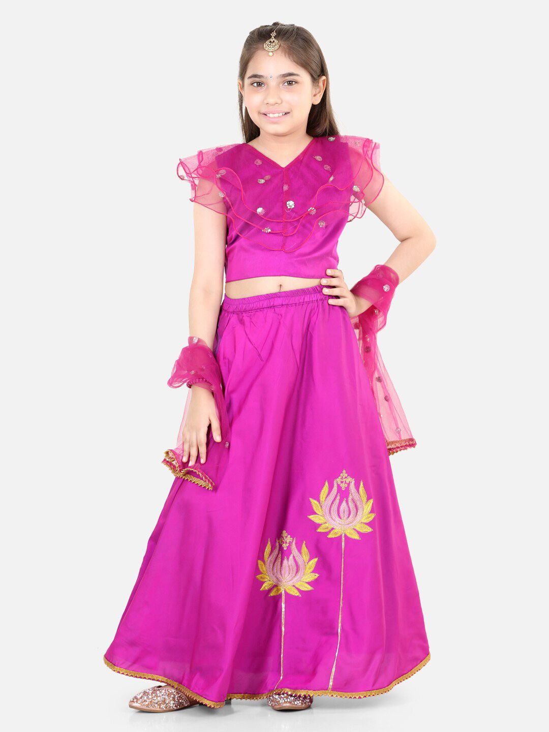 BownBee Girls Pink & Gold-Toned Embellished Thread Work Ready to Wear Lehenga & Blouse With Dupatta Price in India