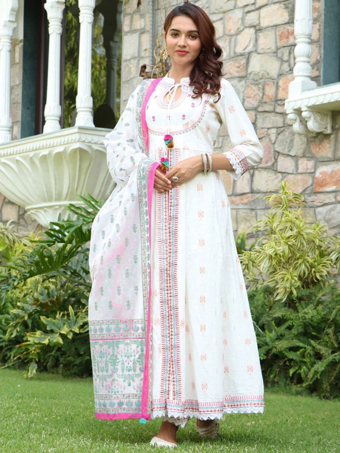 Ramas Women White Ethnic Motifs Embroidered Empire Thread Work Pure Cotton Kurta with Trousers & With Dupatta Price in India