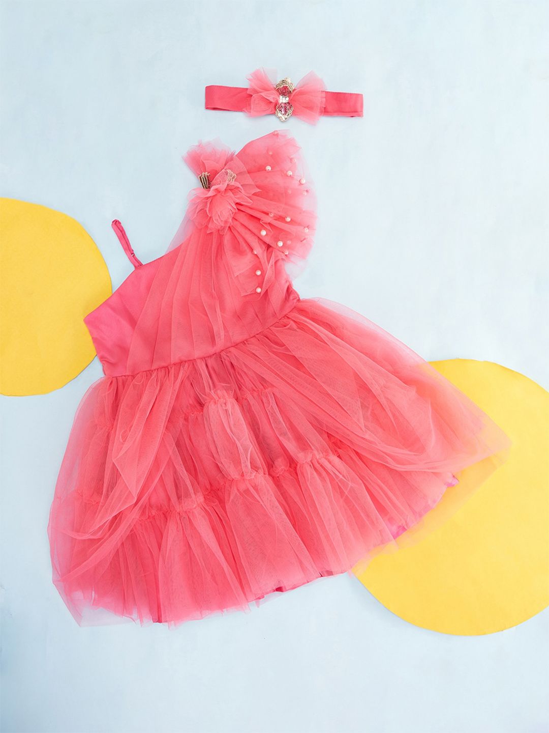 Pantaloons Junior Girls Self Design One Shoulder Ruffled Fit & Flare Dress With Headband