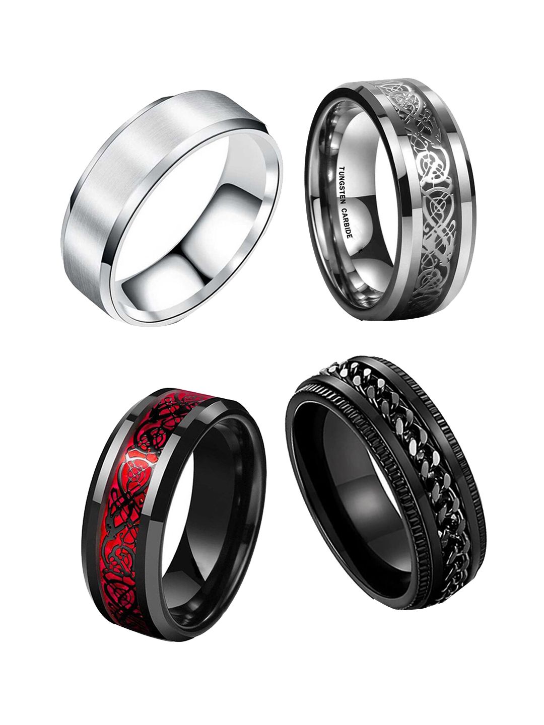 MEENAZ Unisex Set Of 4 Silver-Plated Textured Band Finger Rings