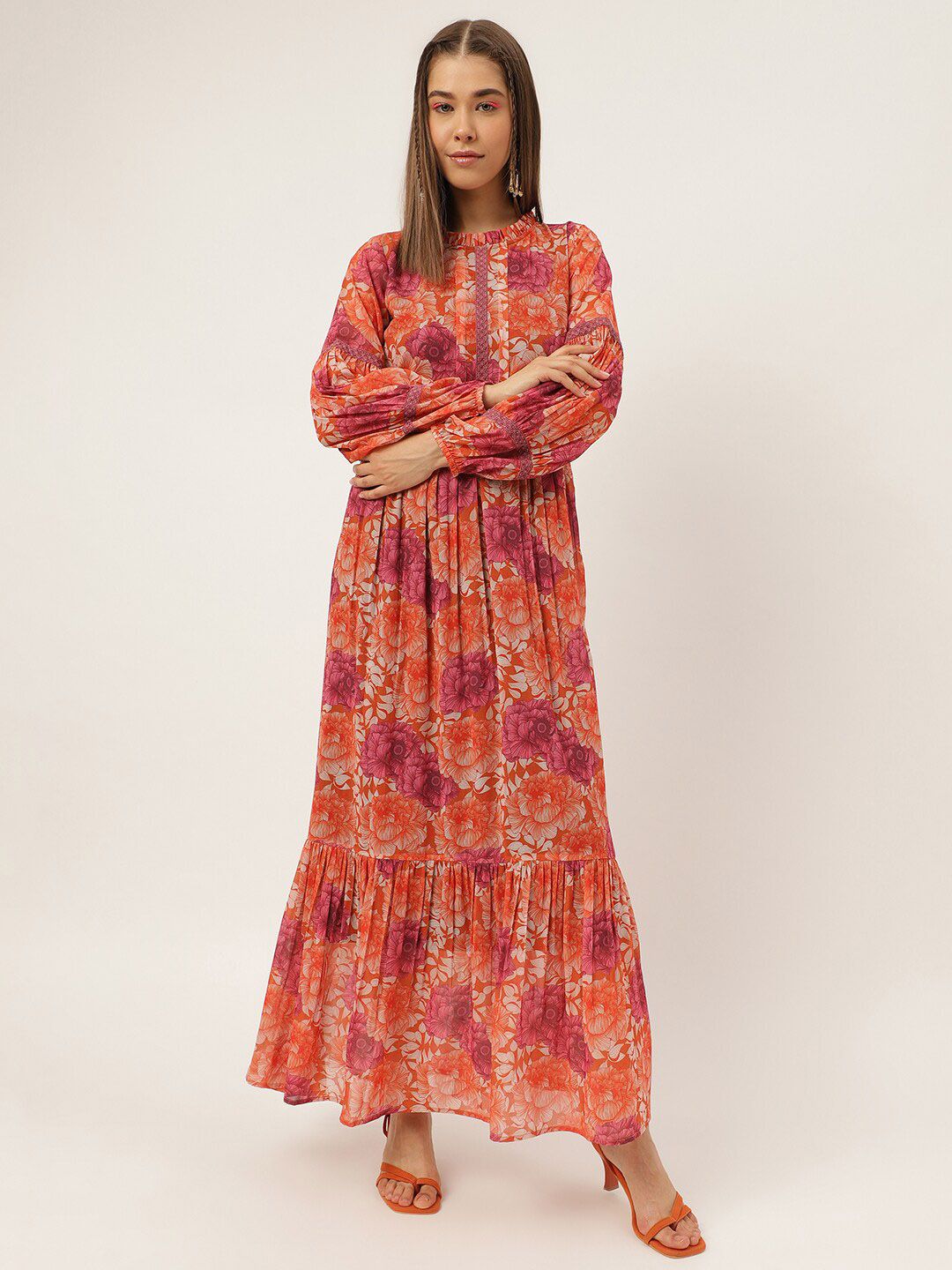 Masakali.Co Ethnic Motifs Printed Puff Sleeves Pleated Maxi Dress Price in India