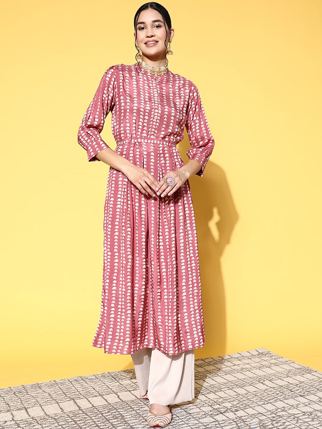 ODETTE Women Pink Extended Sleeves Kurta Price in India