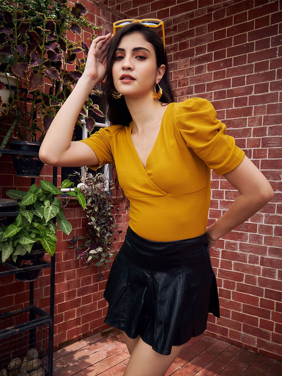 Berrylush Yellow V-Neck Puff Sleeves T-Shirt Price in India