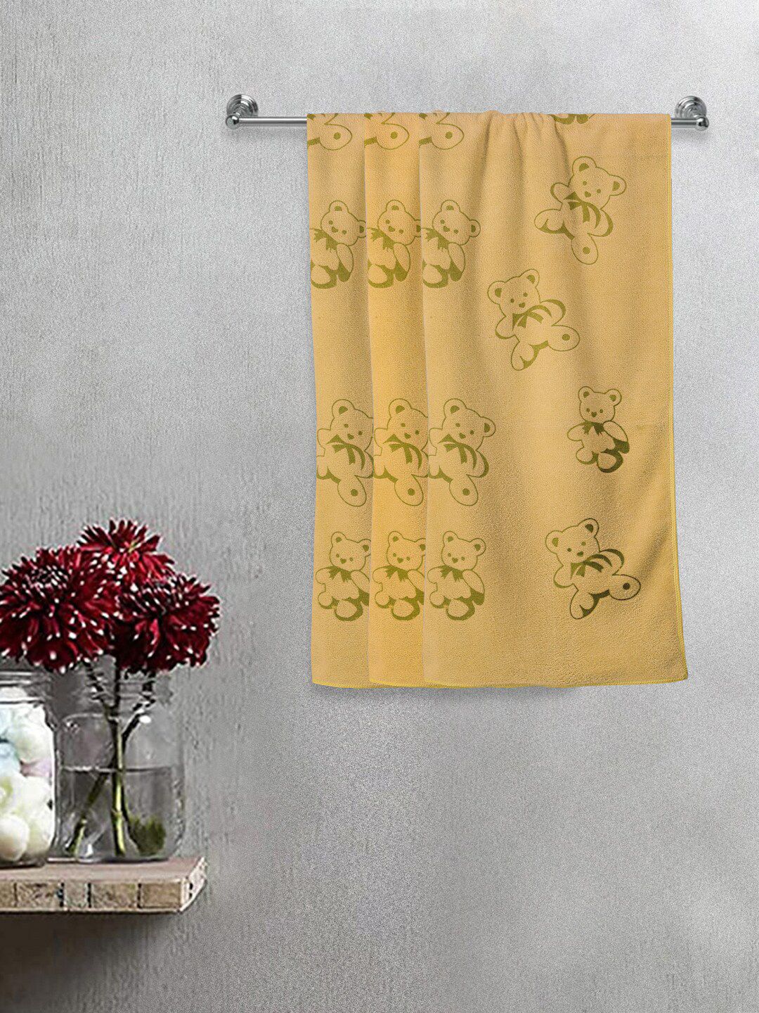 FABINALIV Kids 3-Pcs Yellow Printed 300 GSM Cotton Bath Towels