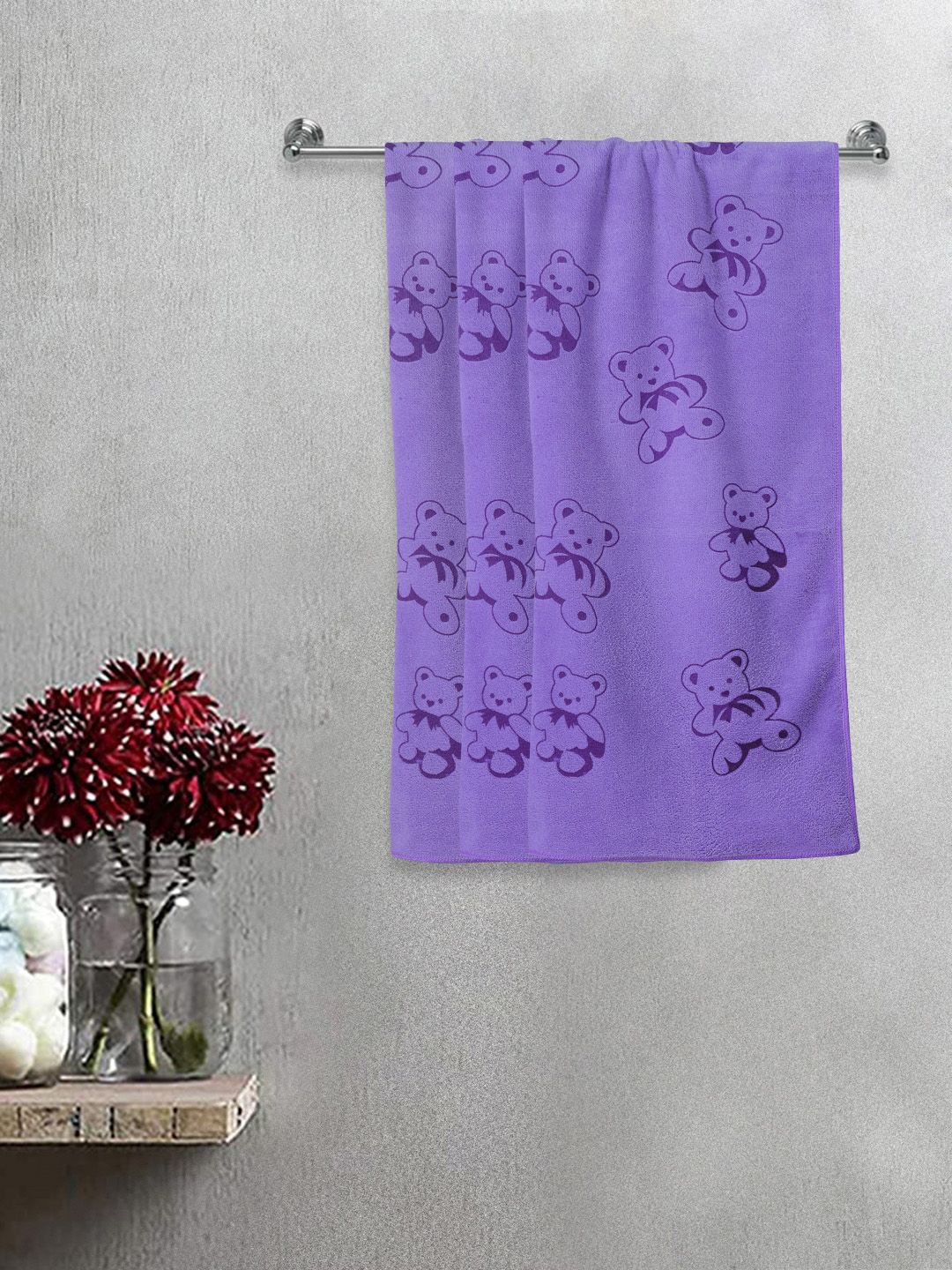 FABINALIV Kids 3-Pcs Purple Printed 300 GSM Cotton Bath Towels
