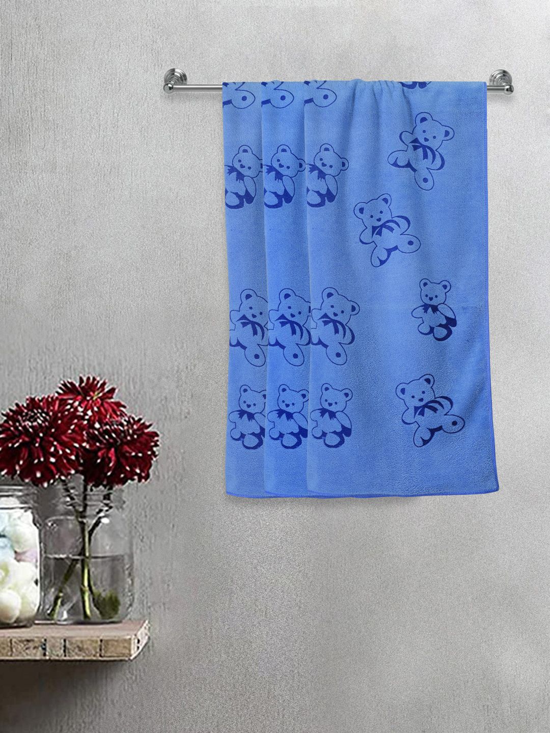 FABINALIV Kids 3-Pcs Blue Printed 300 GSM Cotton Bath Towels