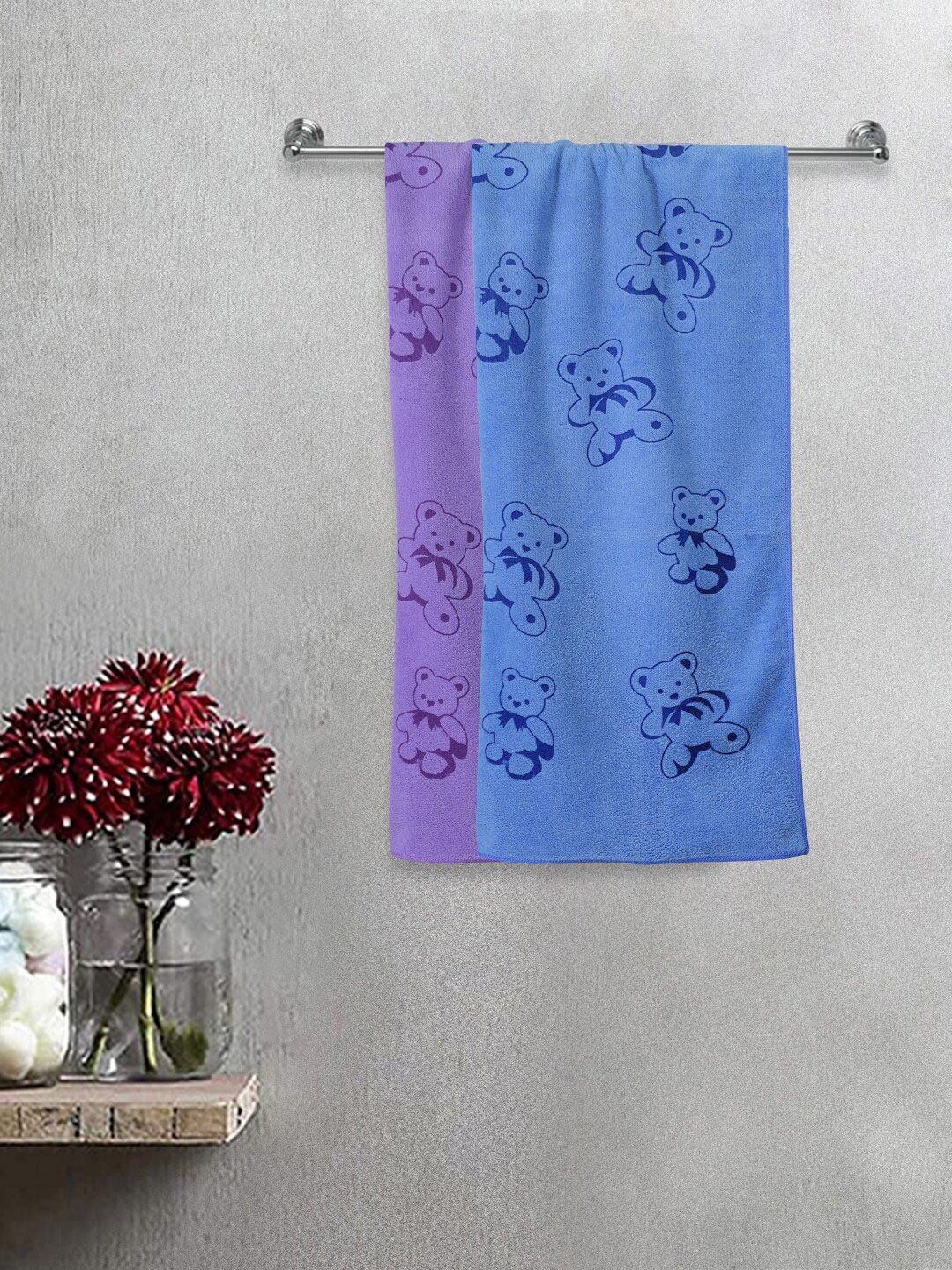 FABINALIV Kids 2-Pcs Blue & Purple Printed 300 GSM Cotton Bath Towels