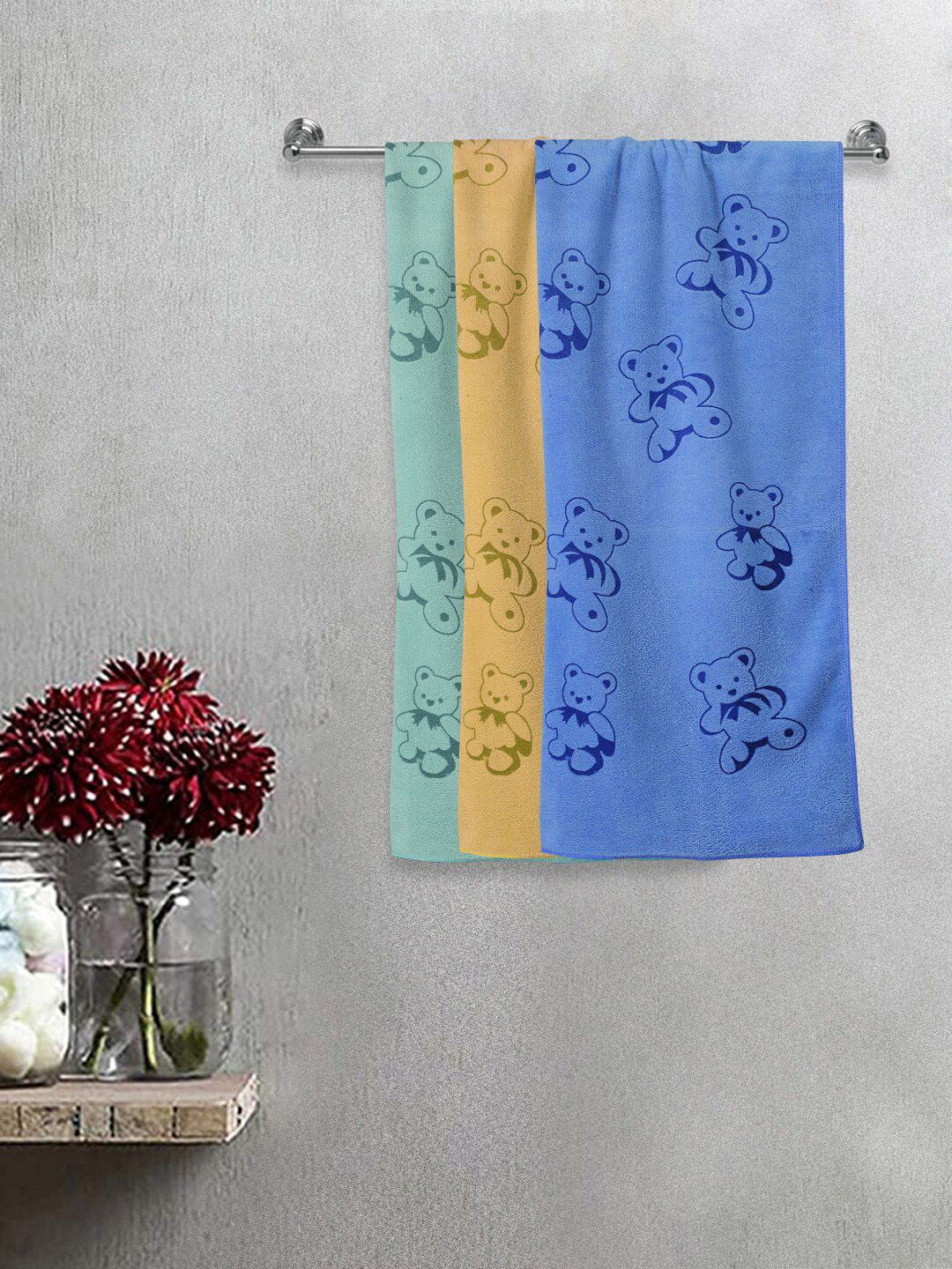 FABINALIV Kids Blue & Green 3 Pieces Printed 300 GSM Cotton Bath Towel