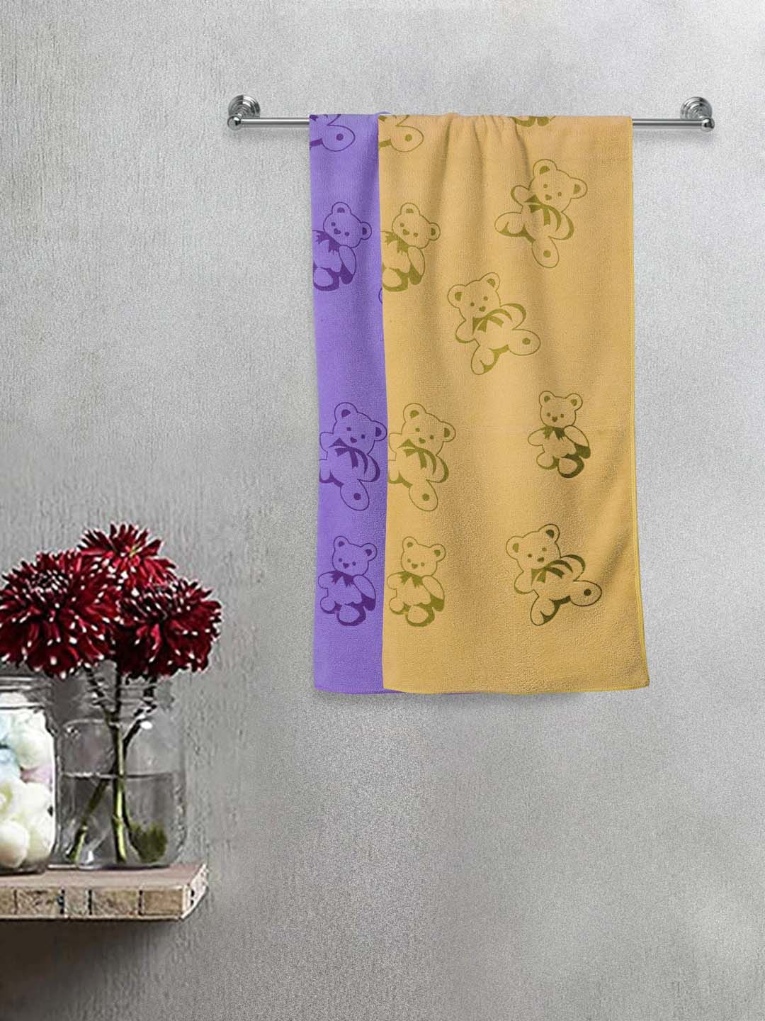 FABINALIV Kids Beige & Purple 2 Pieces Printed 300 GSM Cotton Bath Towel