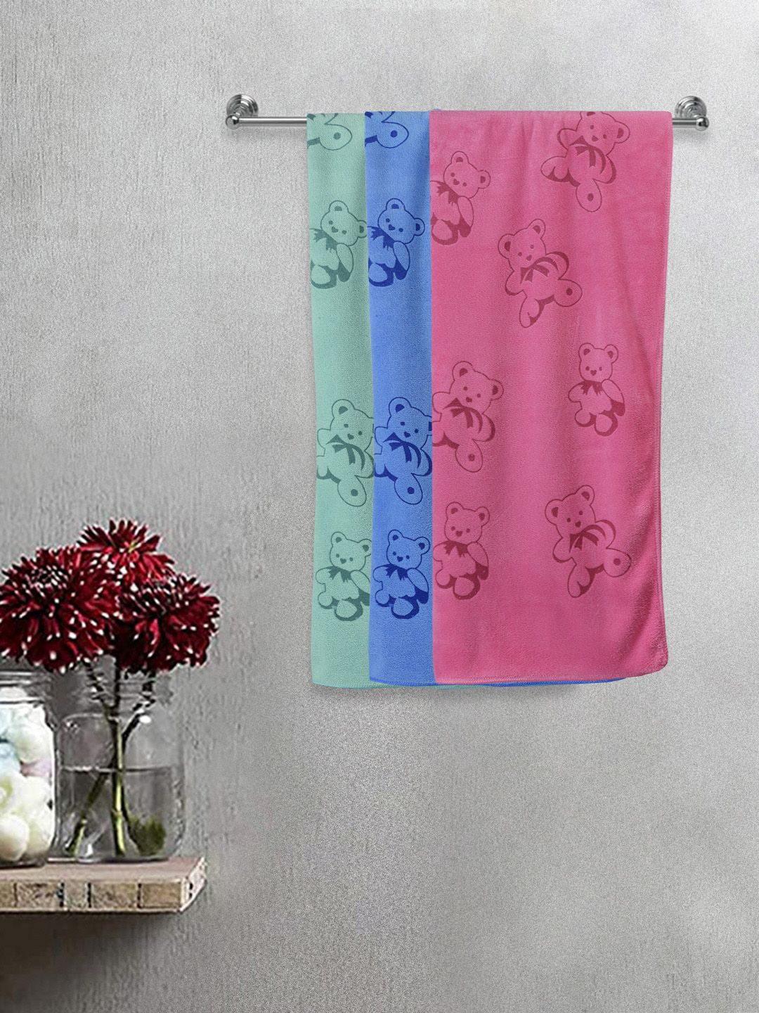 FABINALIV Kids Blue & Green 3 Pieces Printed 300 GSM Cotton Bath Towels