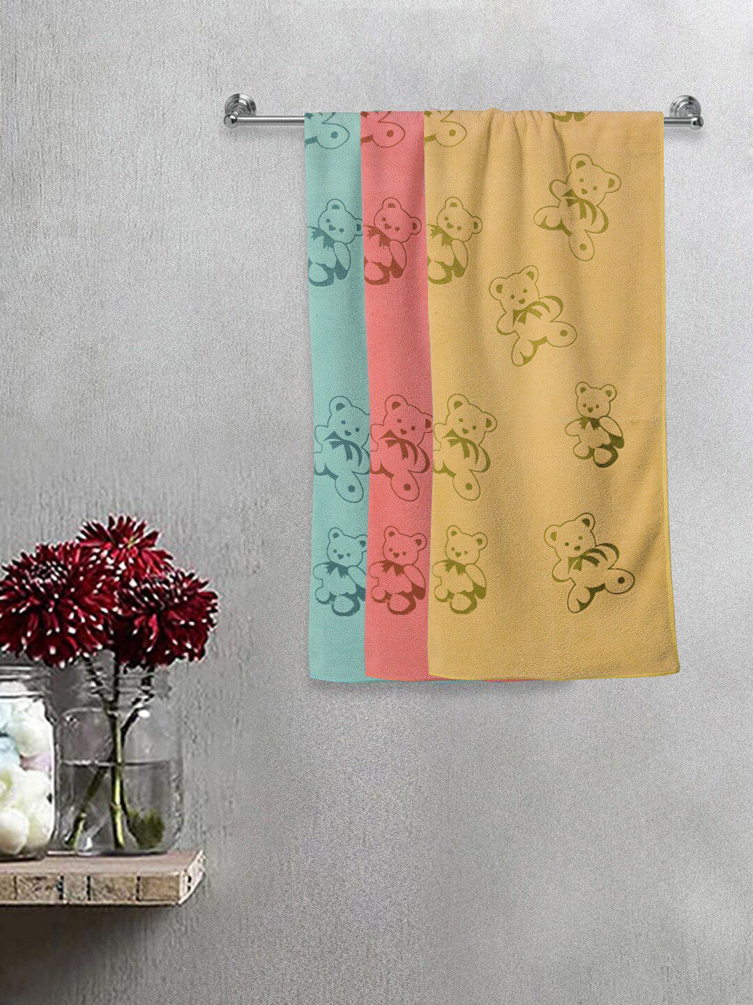 FABINALIV Kids Green & Pink 3 Pieces Cartoon Printed 300 GSM Cotton Bath Towel