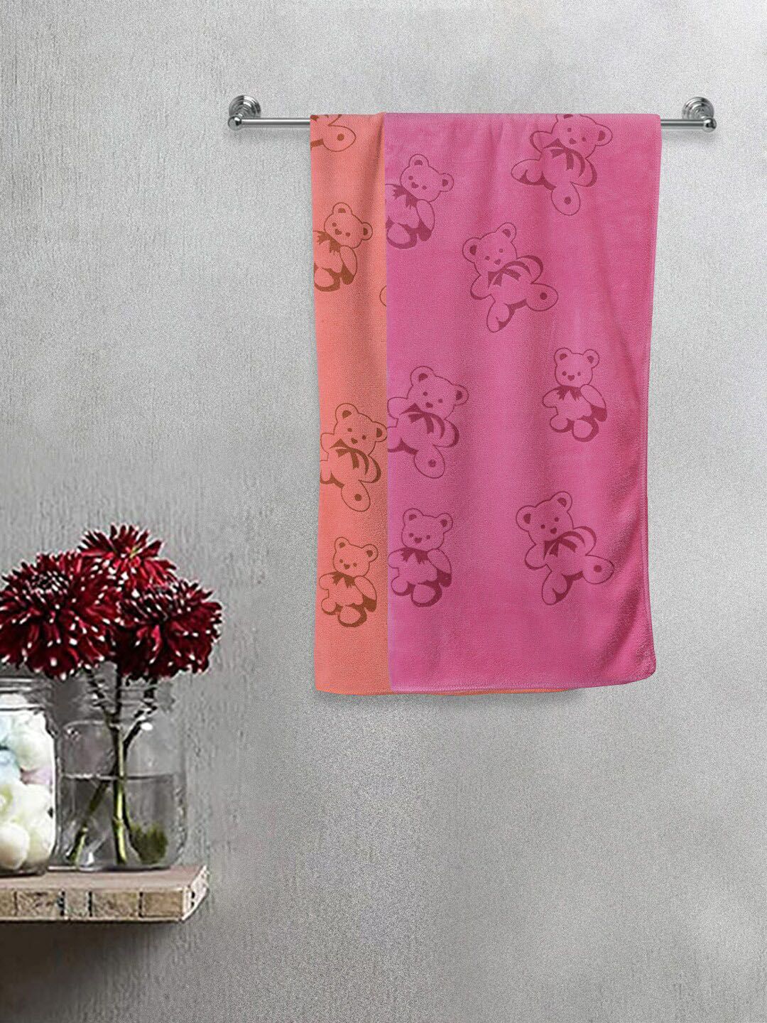 FABINALIV Kids Red & Pink 2 Pieces Cartoon Printed 300 GSM Cotton Bath Towels