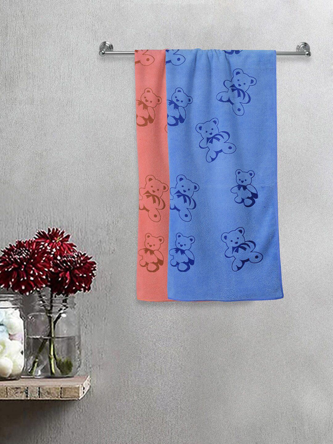 FABINALIV Kids Red & Blue 2 Pieces Printed 300 GSM Cotton Bath Towel