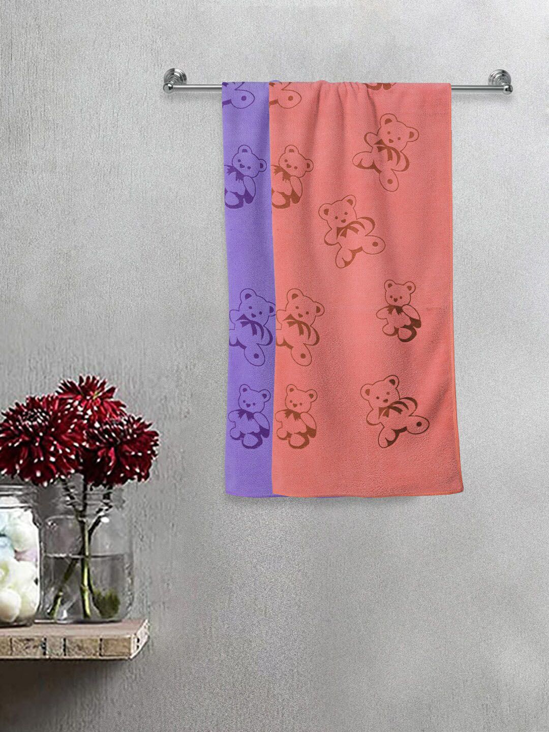 FABINALIV Kids Red & Purple 2 Pieces Printed 300 GSM Cotton Bath Towels